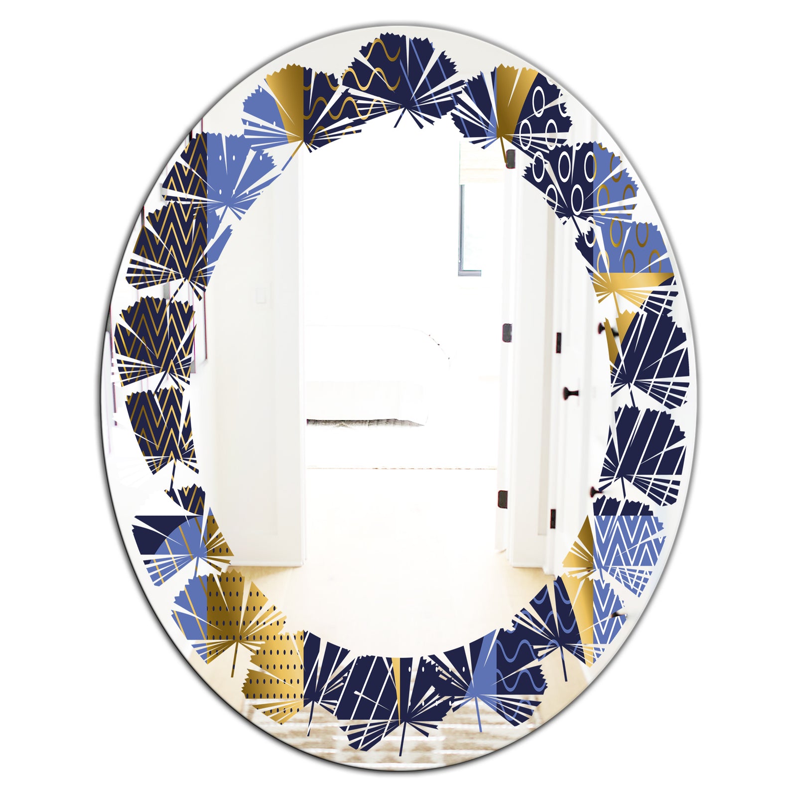 Retro Luxury Waves In Gold and Blue IV - Modern Round or Oval Wall Mirror - Leaves