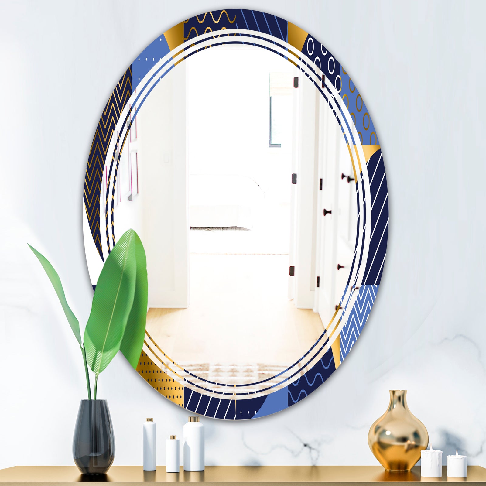 Retro Luxury Waves In Gold and Blue IV - Modern Round or Oval Wall Mirror - Triple C