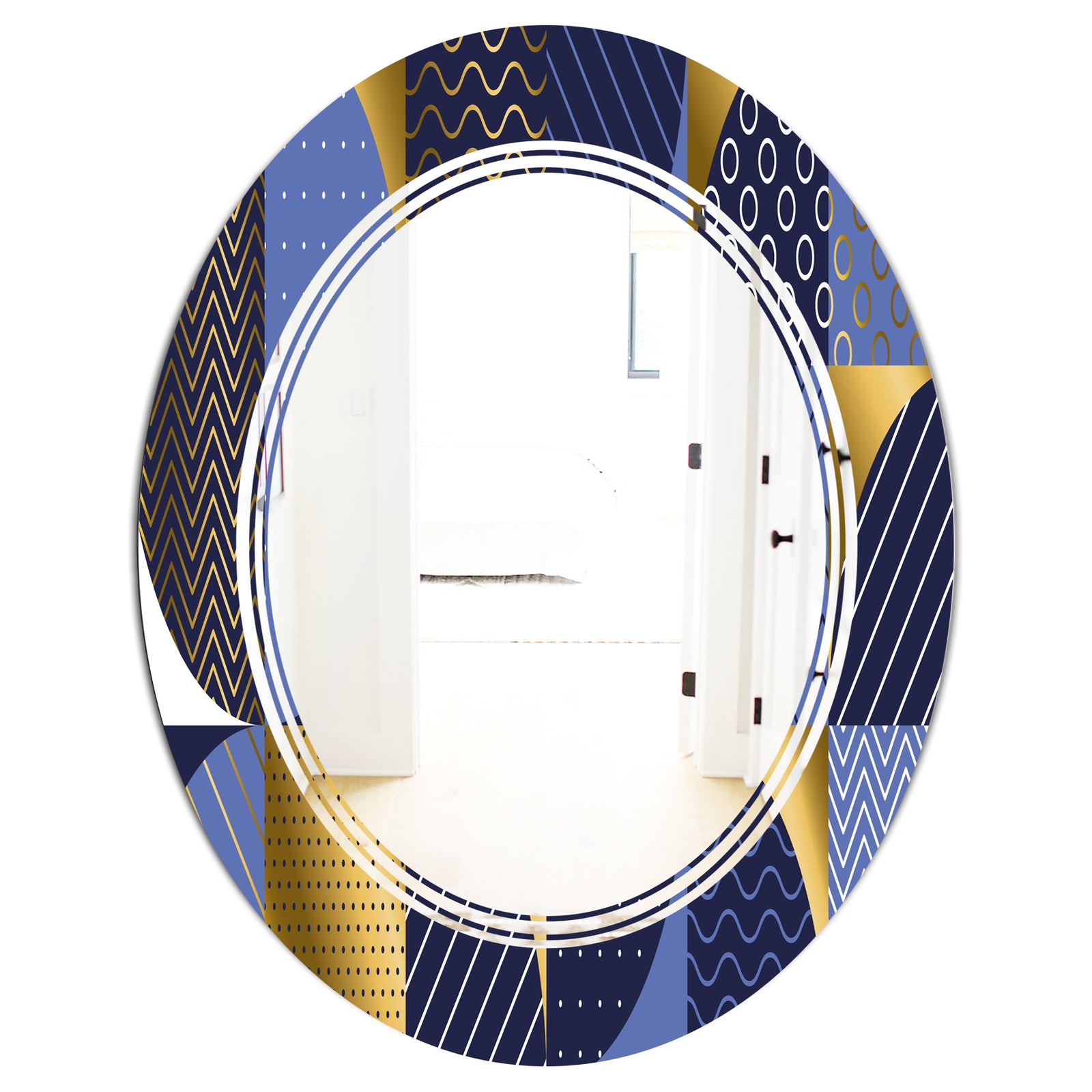 Retro Luxury Waves In Gold and Blue IV - Modern Round or Oval Wall Mirror - Triple C