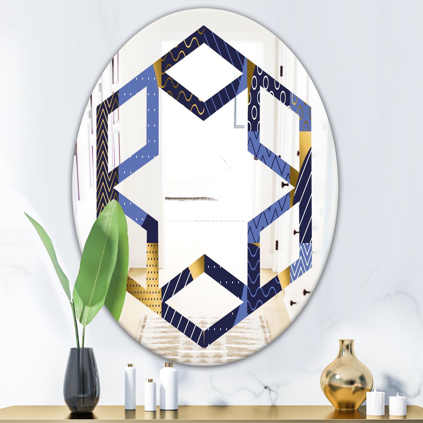 Retro Luxury Waves In Gold and Blue IV - Modern Round or Oval Wall Mirror - Hexagon Star
