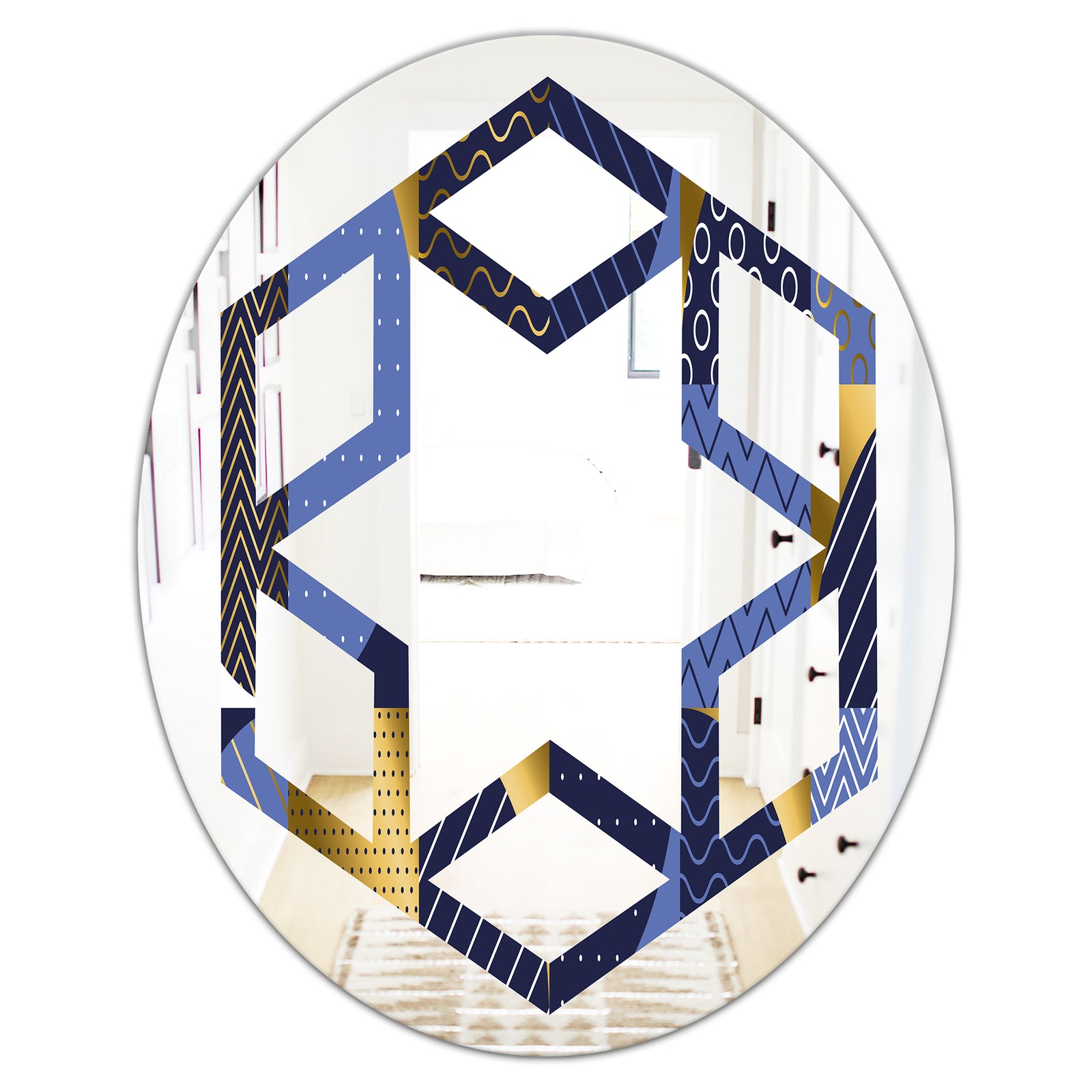 Retro Luxury Waves In Gold and Blue IV - Modern Round or Oval Wall Mirror - Hexagon Star