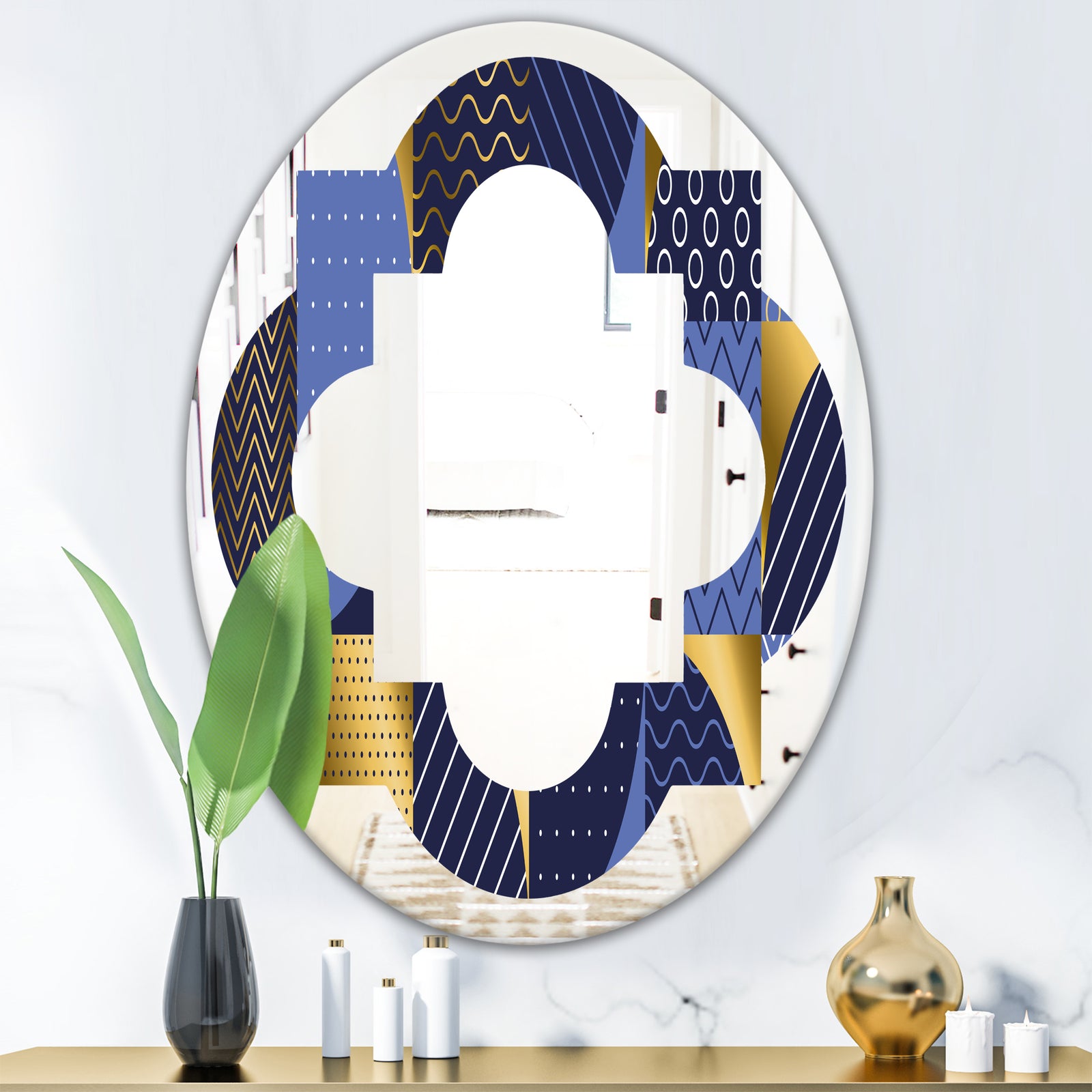 Retro Luxury Waves In Gold and Blue IV - Modern Round or Oval Wall Mirror - Quatrefoil
