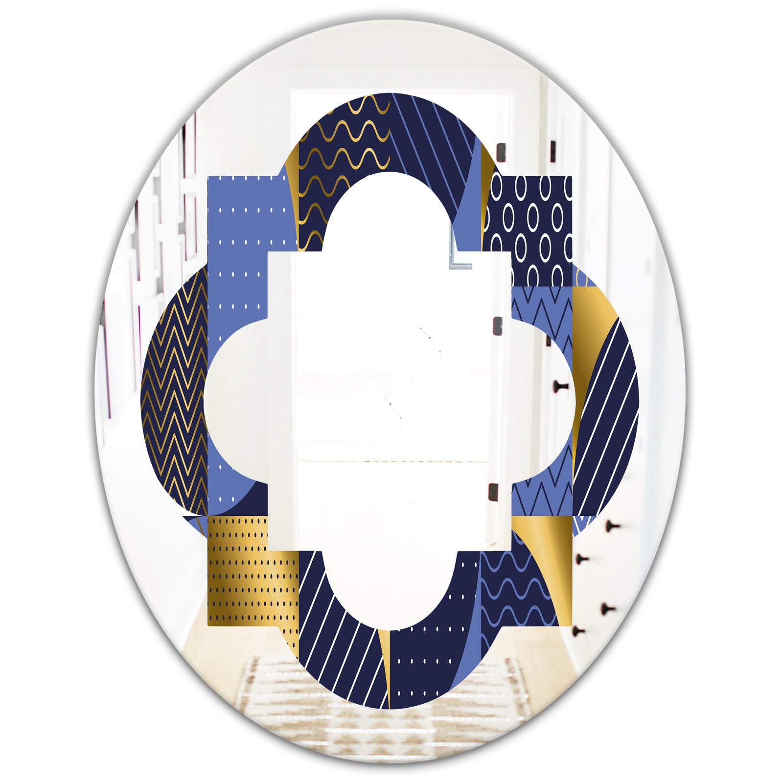 Retro Luxury Waves In Gold and Blue IV - Modern Round or Oval Wall Mirror - Quatrefoil