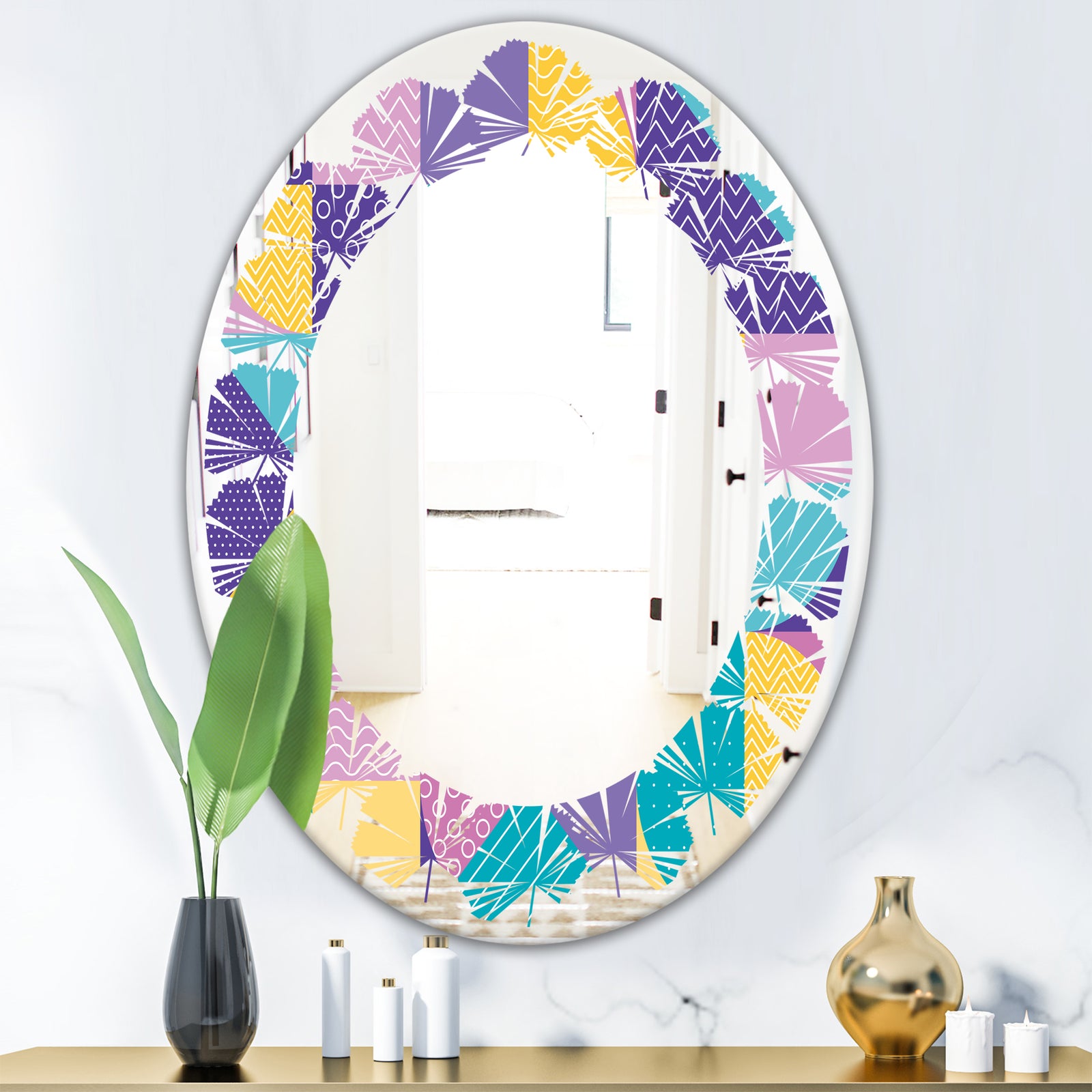 Geometrical Pastel Abstract I - Modern Round or Oval Wall Mirror - Leaves