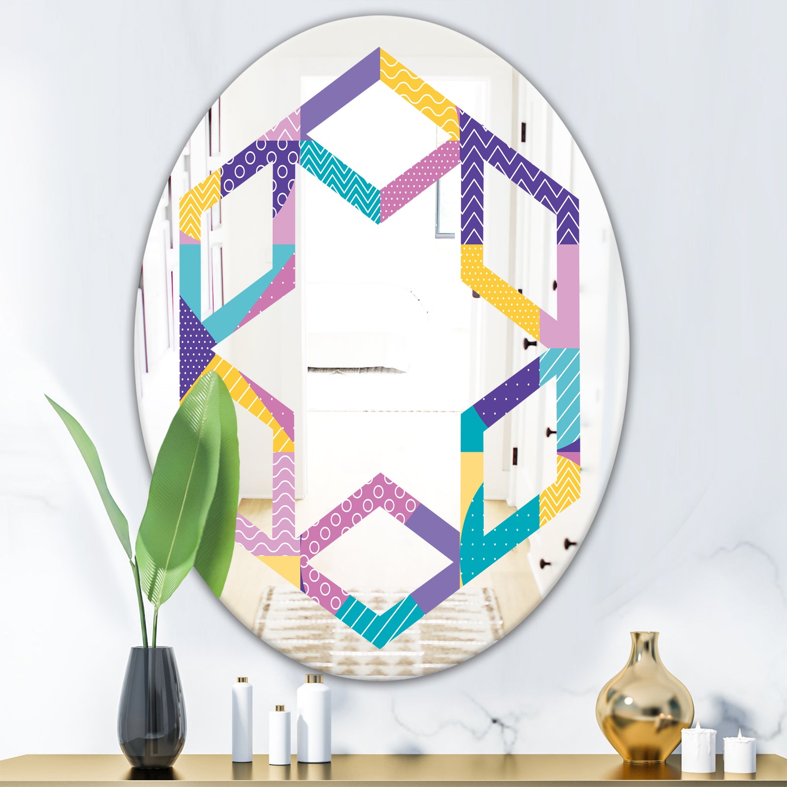 Geometrical Pastel Abstract I - Modern Round or Oval Wall Mirror - Hexagon Star