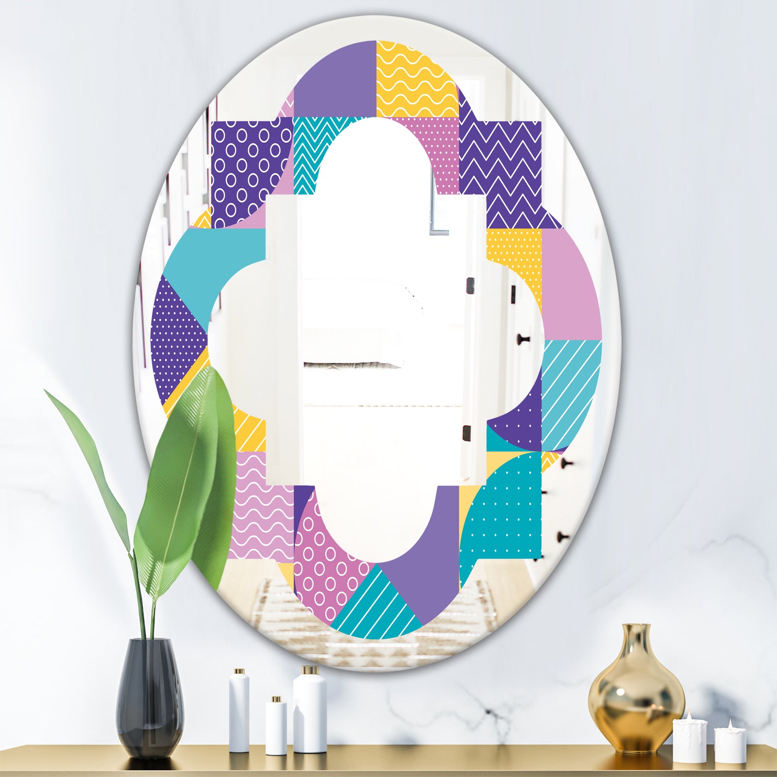 Geometrical Pastel Abstract I - Modern Round or Oval Wall Mirror - Quatrefoil