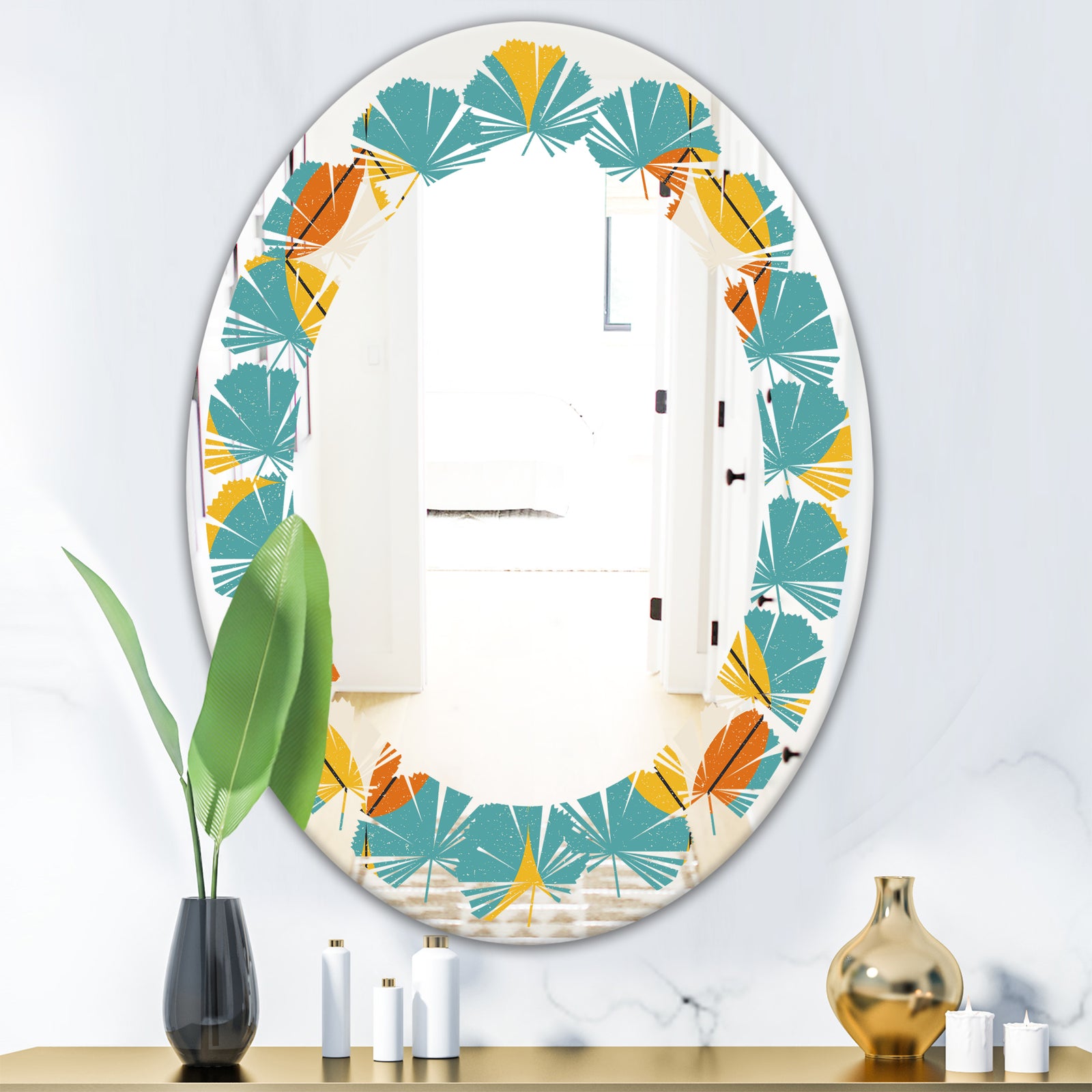 Diamond Retro IV - Cottage Round or Oval Wall Mirror - Leaves