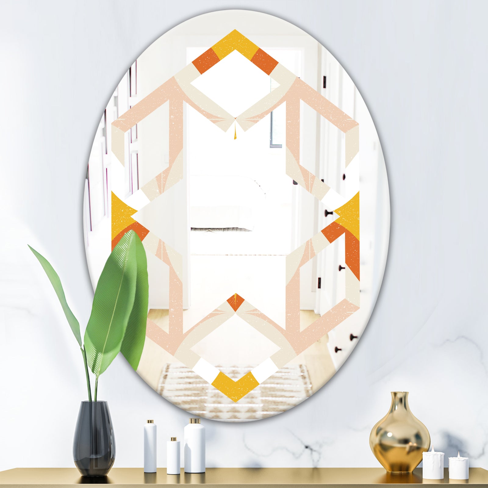 Retro Abstract Design XII - Modern Round or Oval Wall Mirror - Hexagon Star