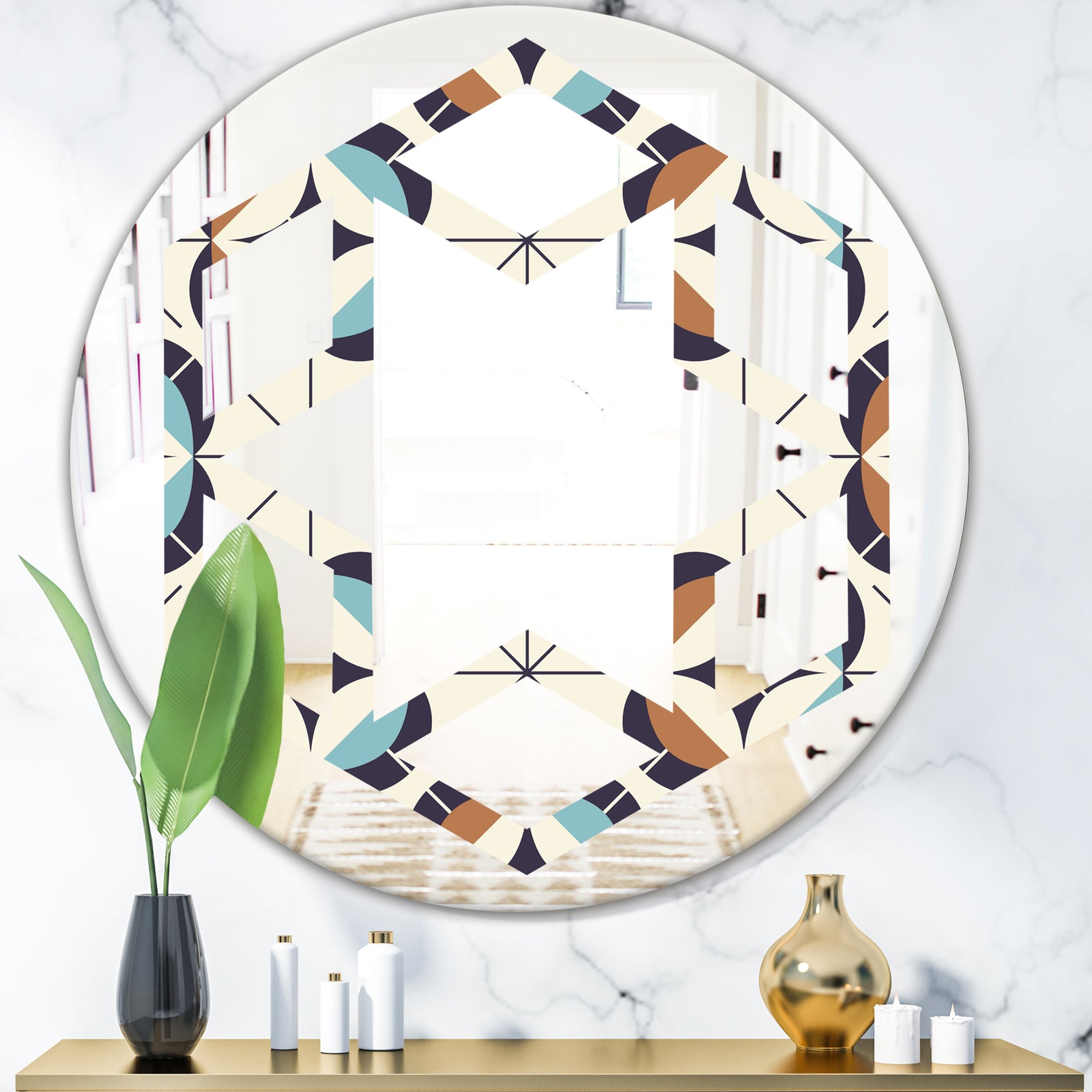 Geometric Retro Design V - Modern Round or Oval Wall Mirror - Hexagon Star