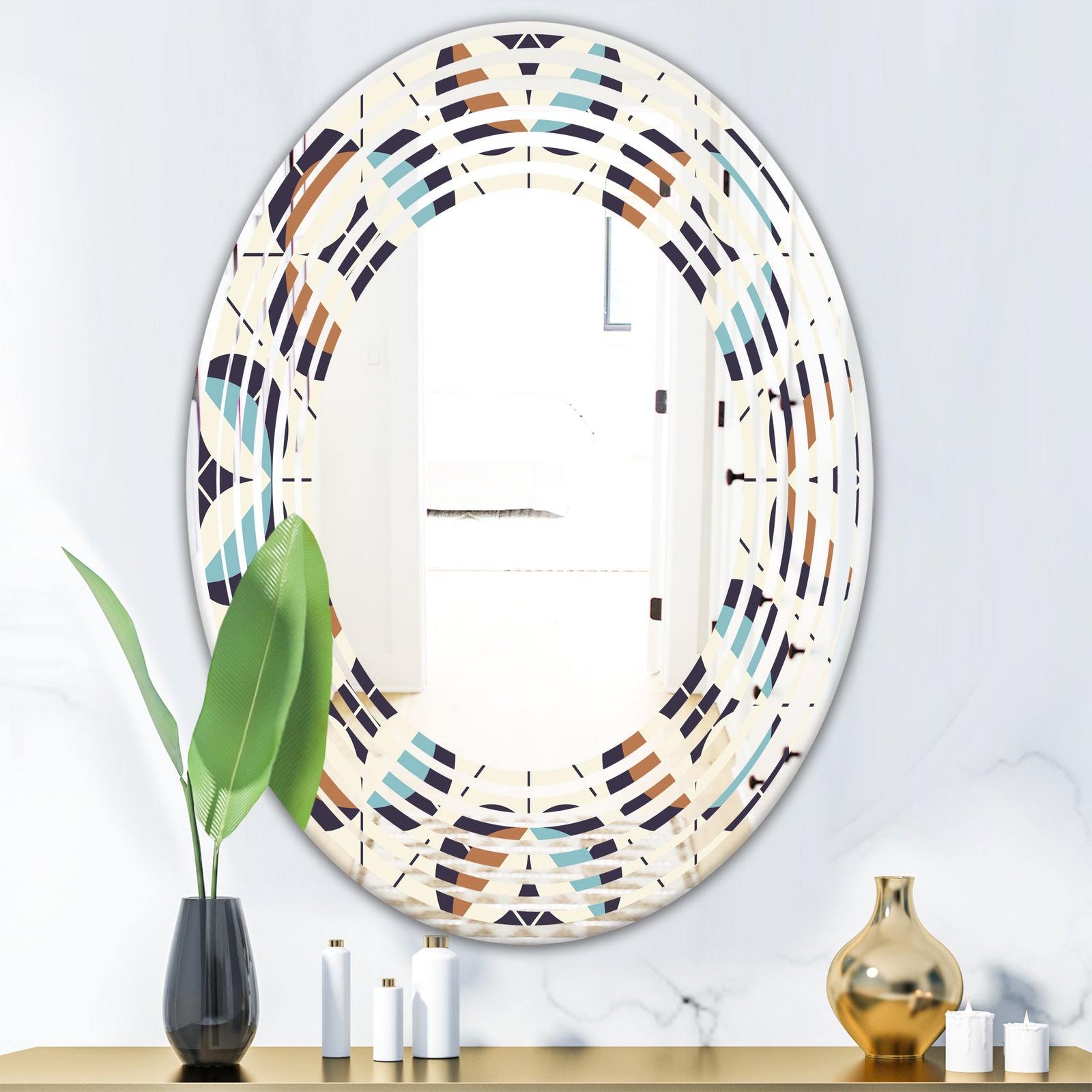 Geometric Retro Design V - Modern Round or Oval Wall Mirror - Wave