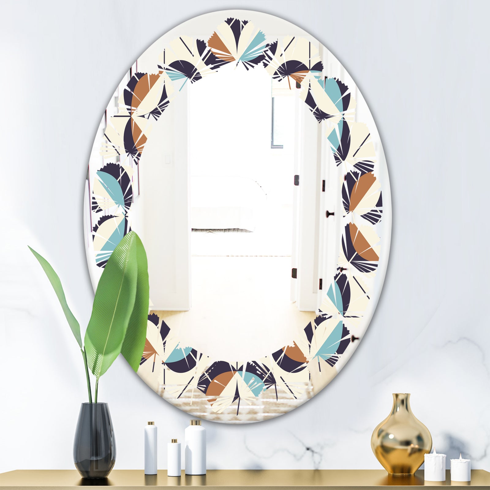 Geometric Retro Design V - Modern Round or Oval Wall Mirror - Leaves