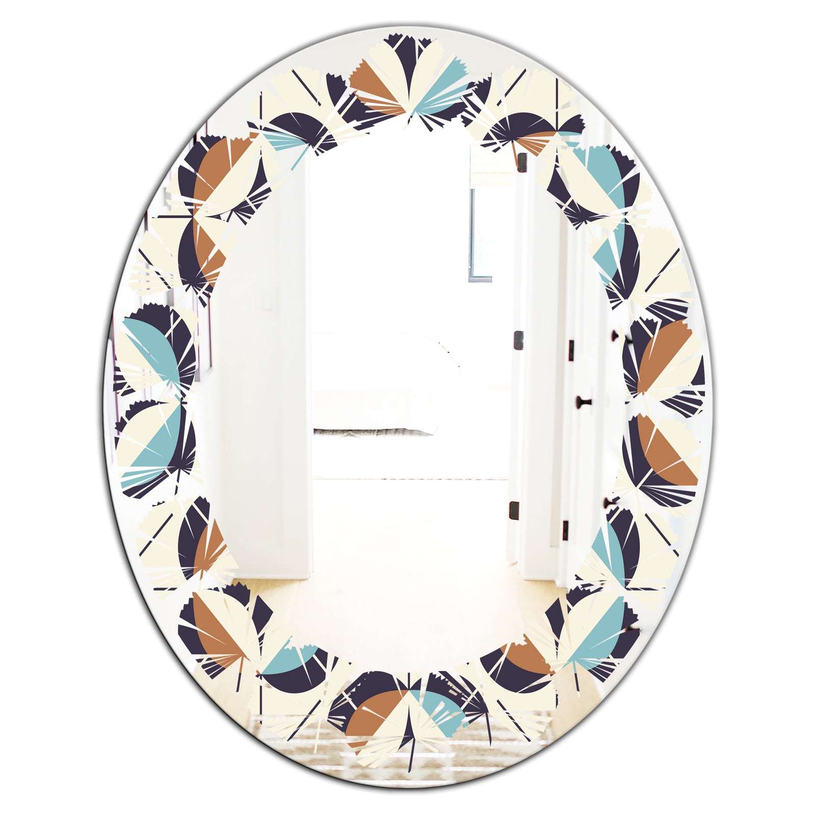Geometric Retro Design V - Modern Round or Oval Wall Mirror - Leaves