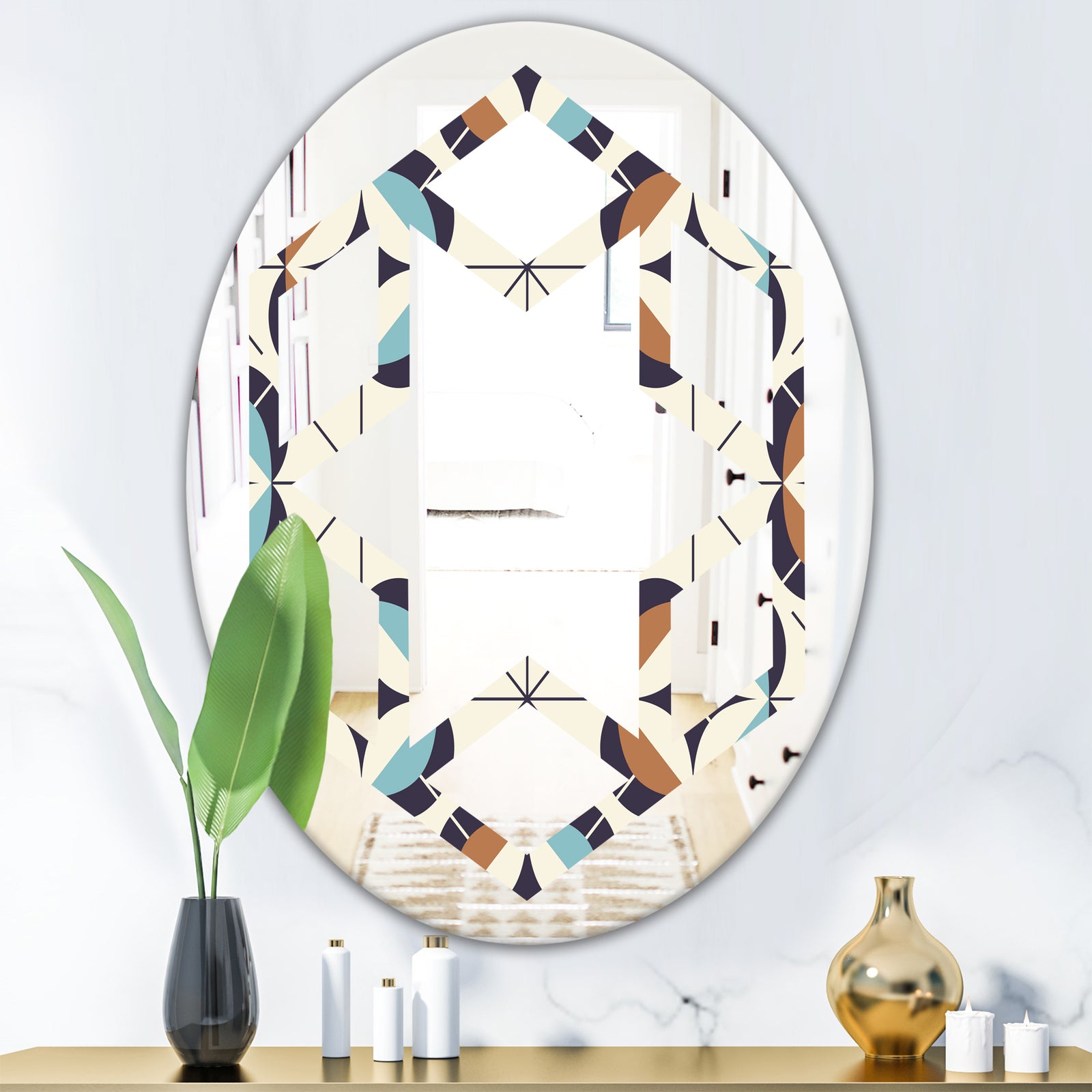 Geometric Retro Design V - Modern Round or Oval Wall Mirror - Hexagon Star