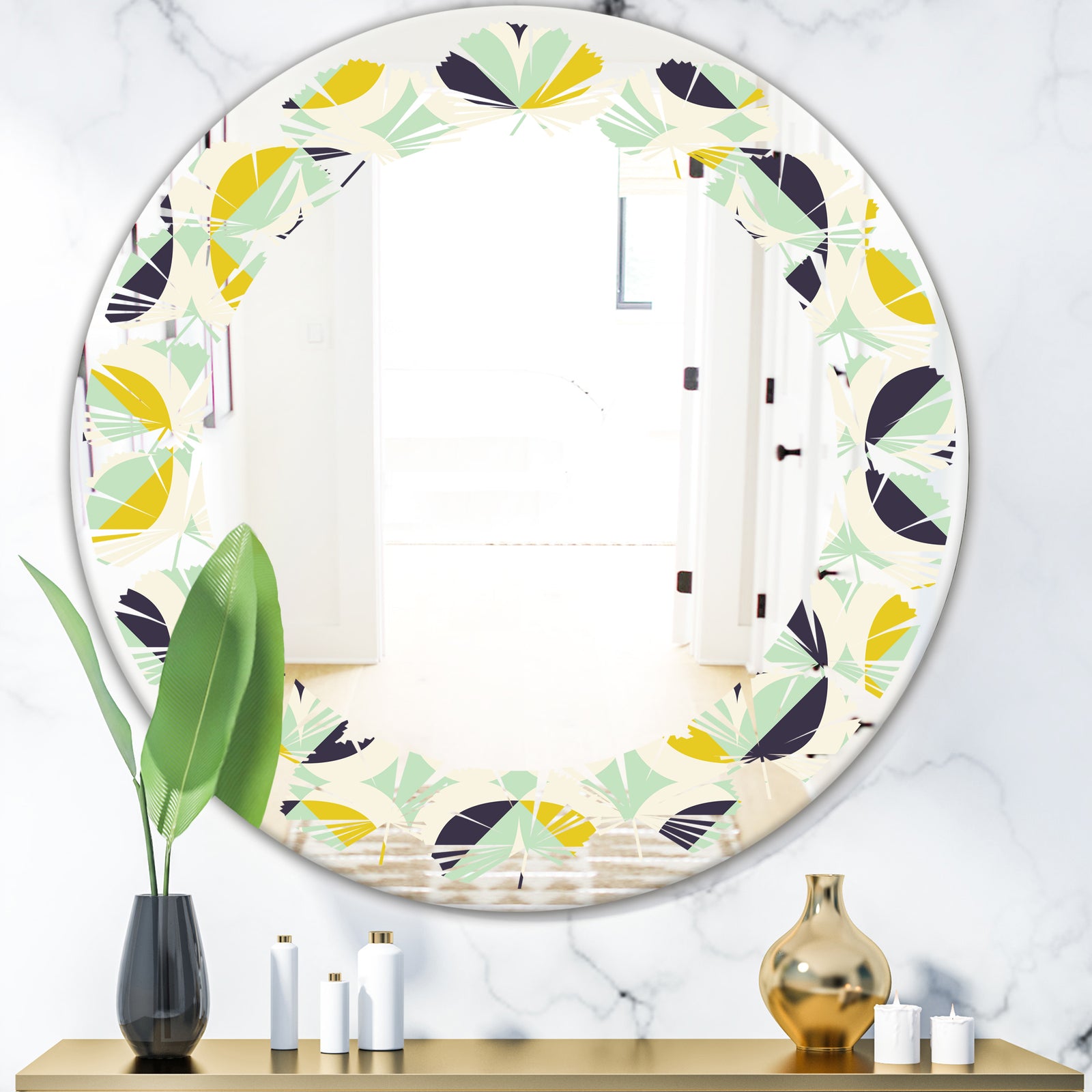 Diamond Retro V - Modern Round or Oval Wall Mirror - Leaves