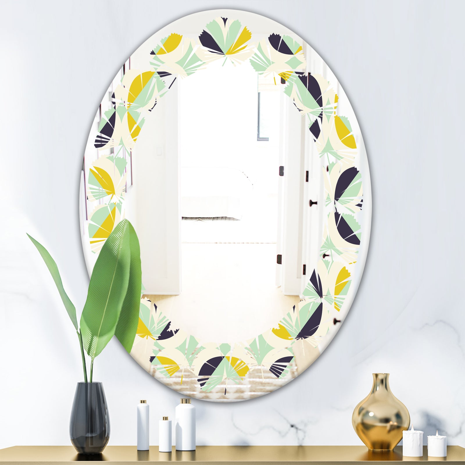 Diamond Retro V - Modern Round or Oval Wall Mirror - Leaves