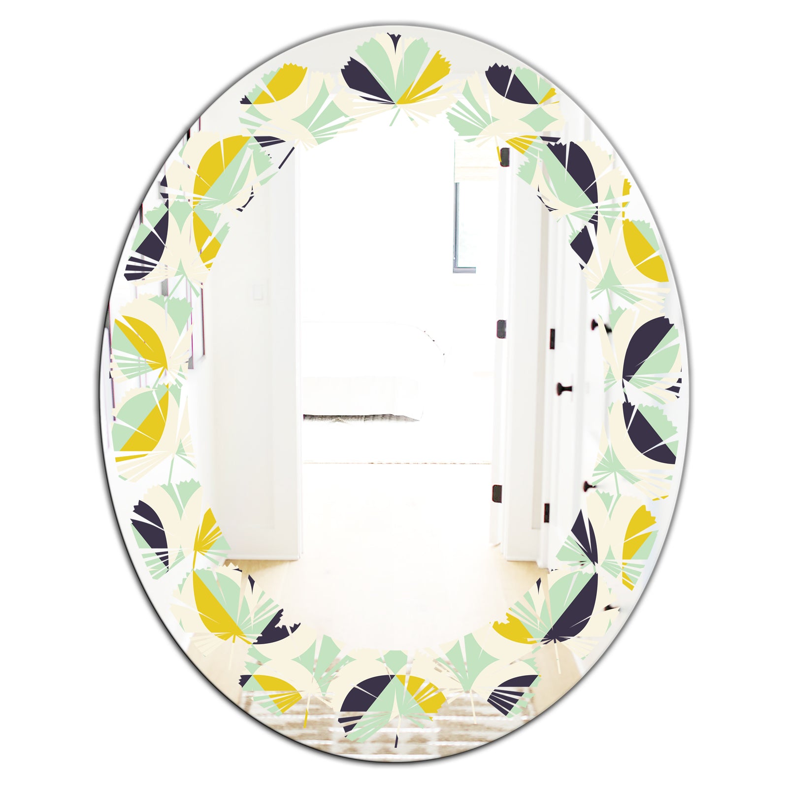 Diamond Retro V - Modern Round or Oval Wall Mirror - Leaves