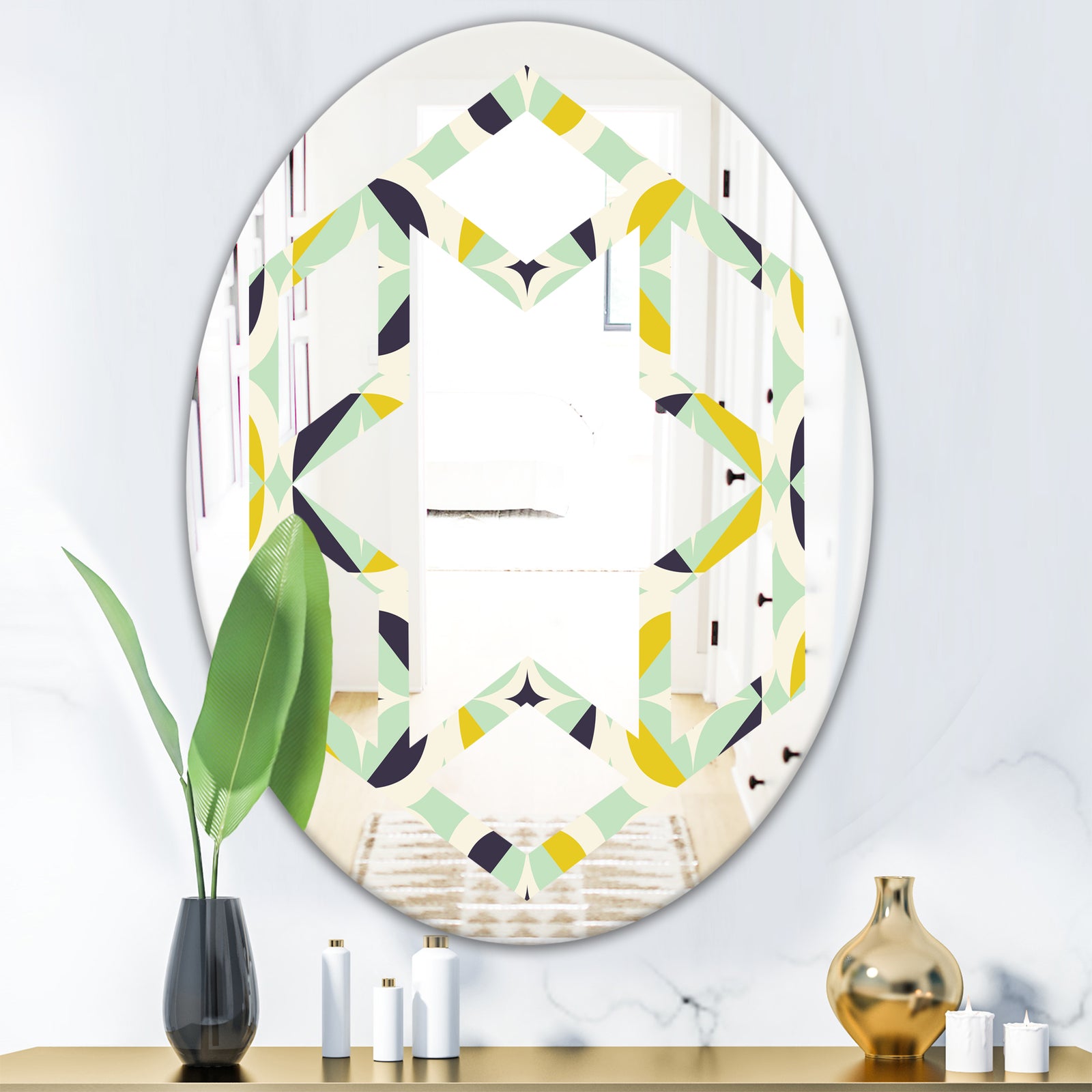 Diamond Retro V - Modern Round or Oval Wall Mirror - Hexagon Star
