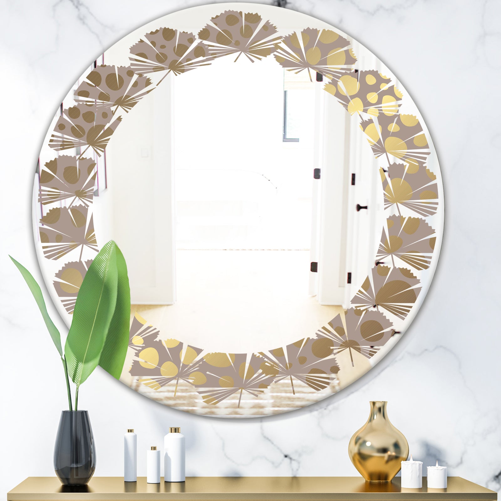 Golden Marble Design III - Modern Round or Oval Wall Mirror - Leaves