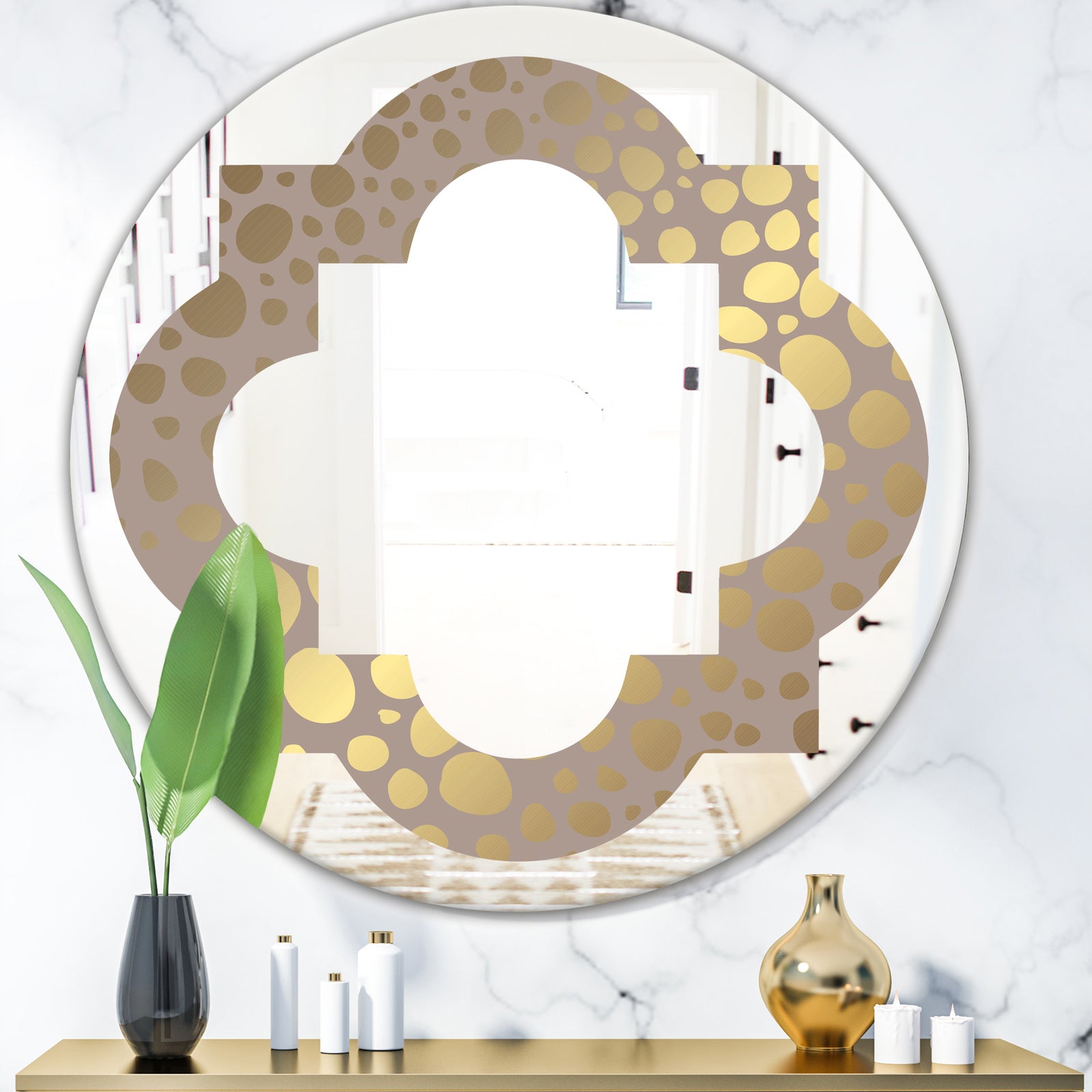 Golden Marble Design III - Modern Round or Oval Wall Mirror - Quatrefoil