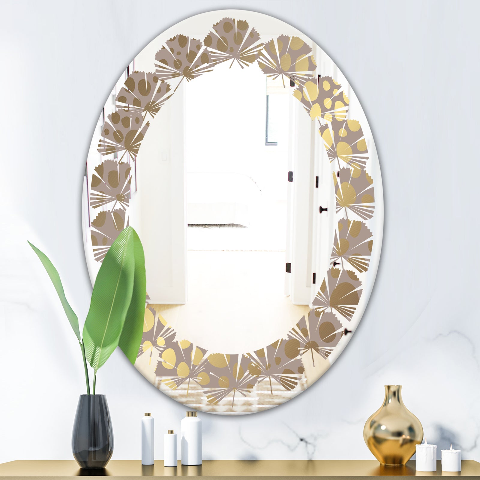 Golden Marble Design III - Modern Round or Oval Wall Mirror - Leaves