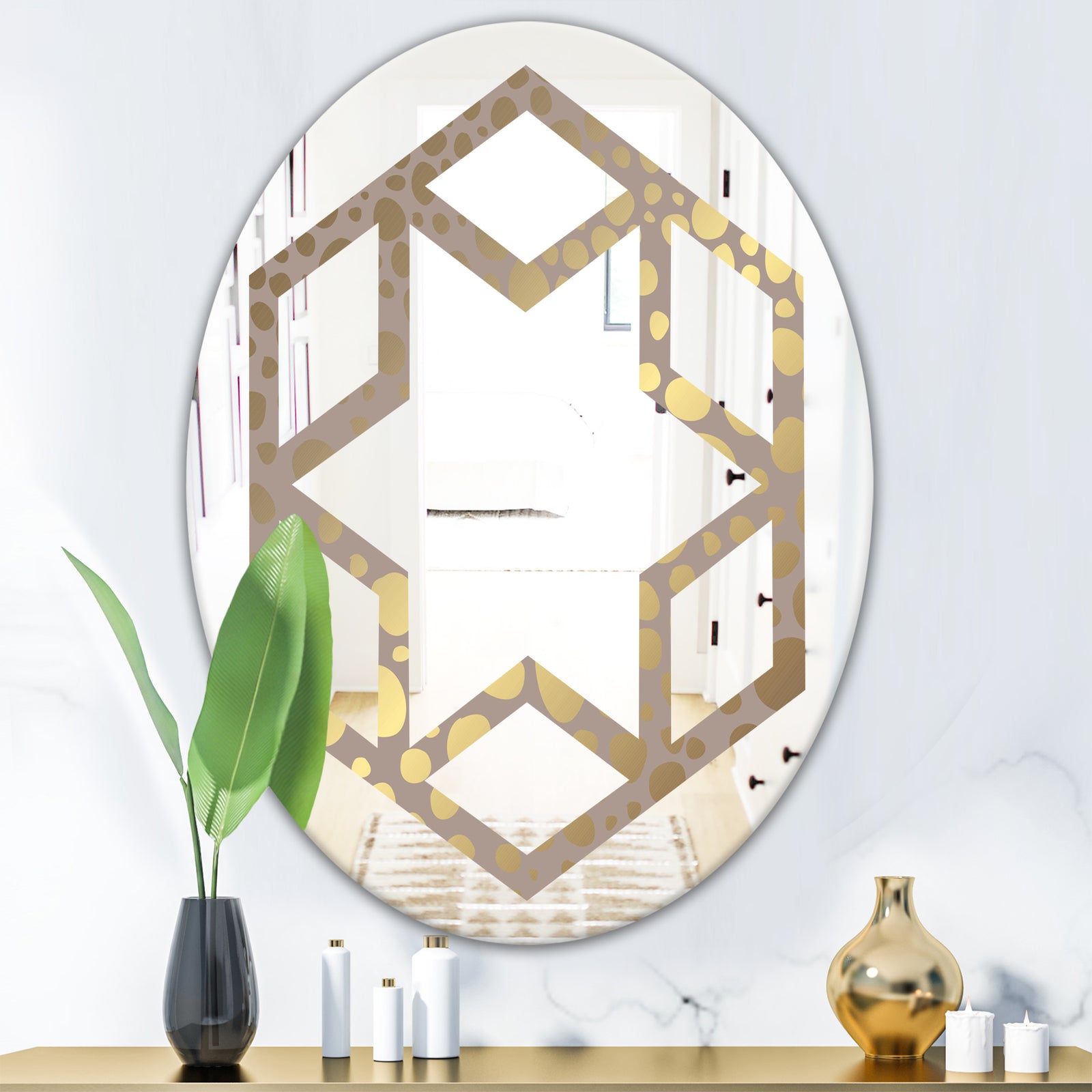 Golden Marble Design III - Modern Round or Oval Wall Mirror - Hexagon Star