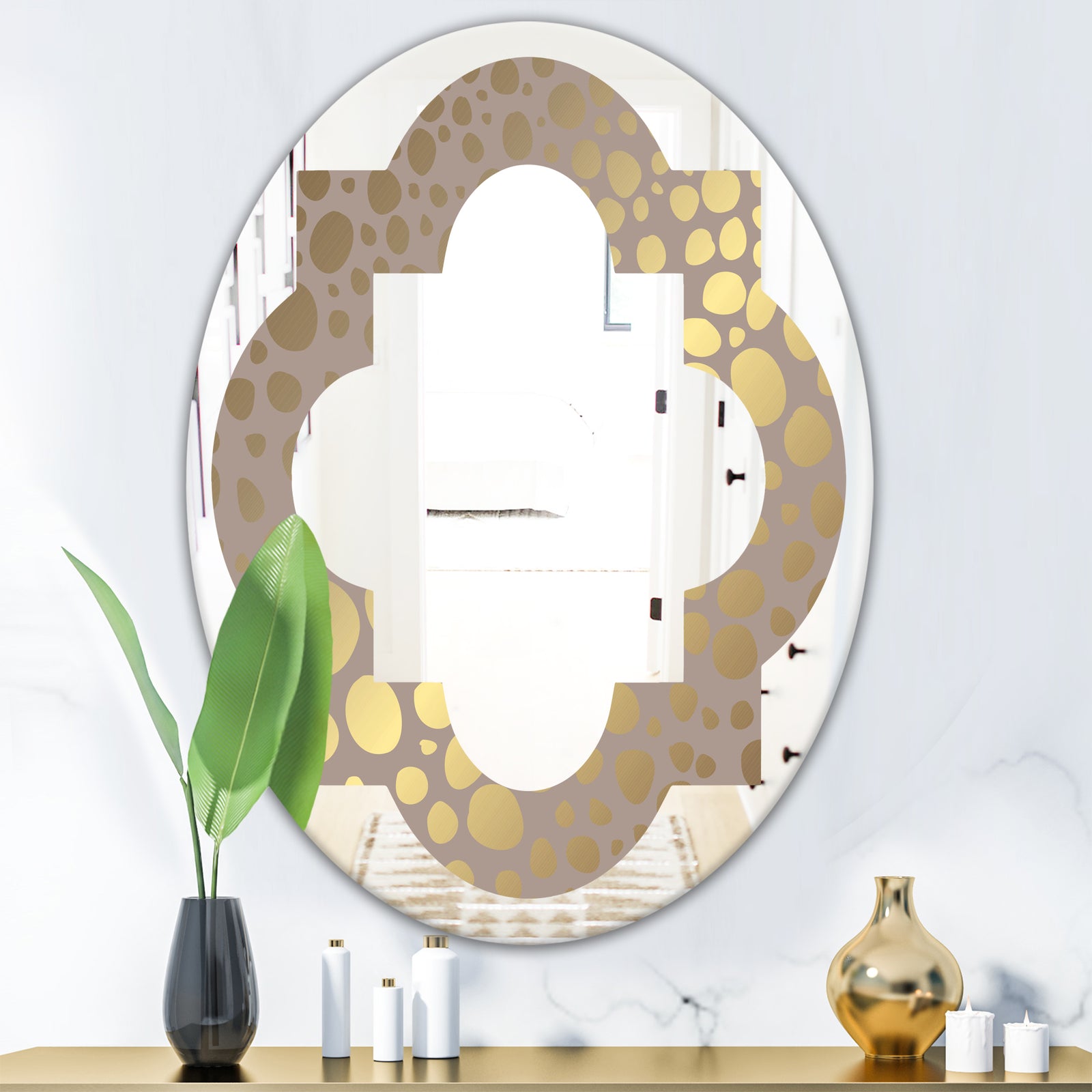 Golden Marble Design III - Modern Round or Oval Wall Mirror - Quatrefoil