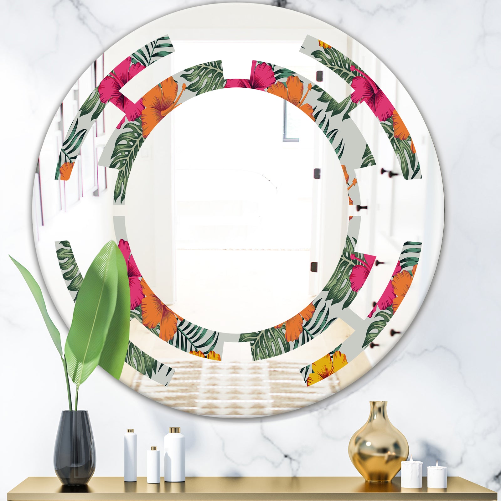 Retro tropical Leaves III - Cottage Round or Oval Wall Mirror - Space