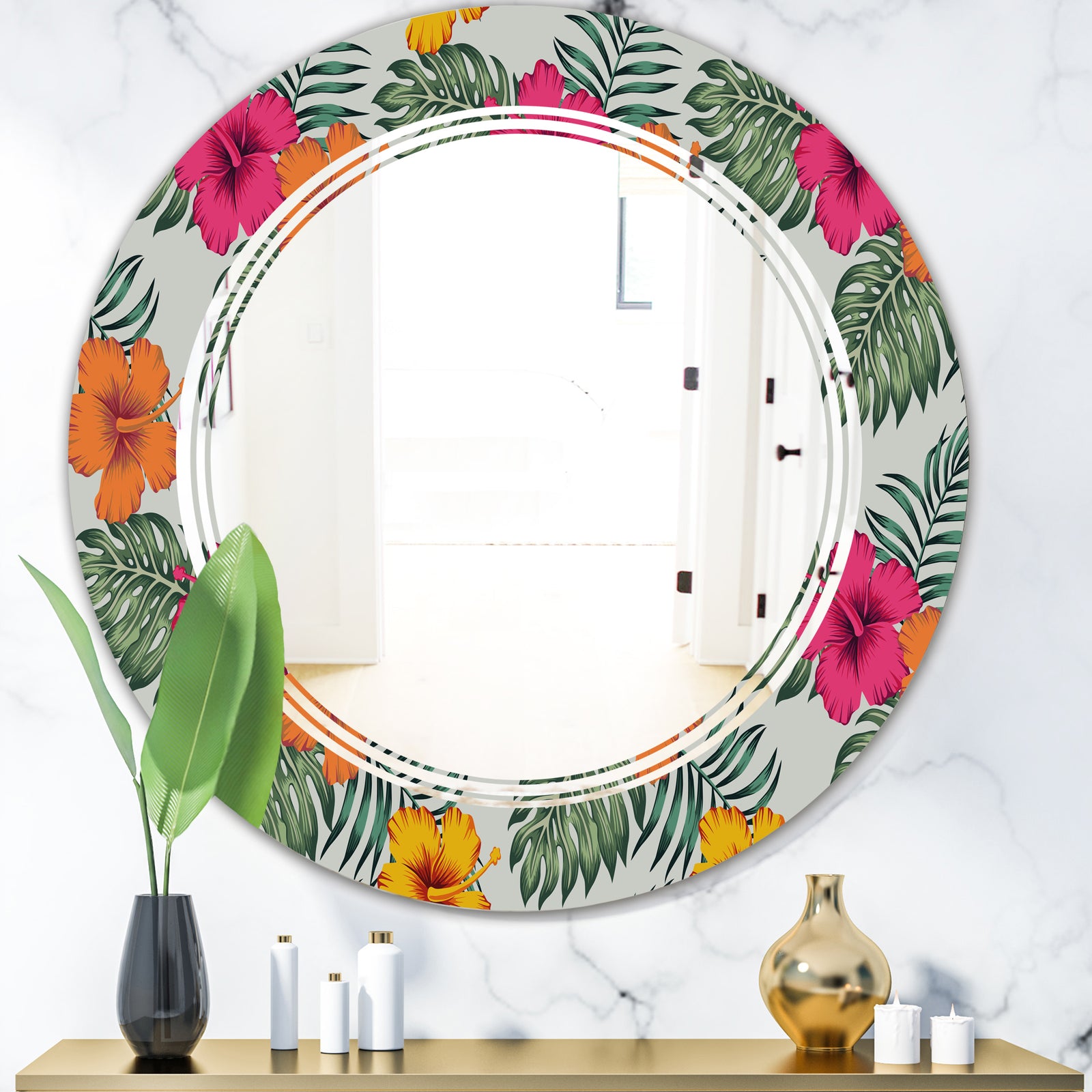 Retro tropical Leaves III - Cottage Round or Oval Wall Mirror - Triple C