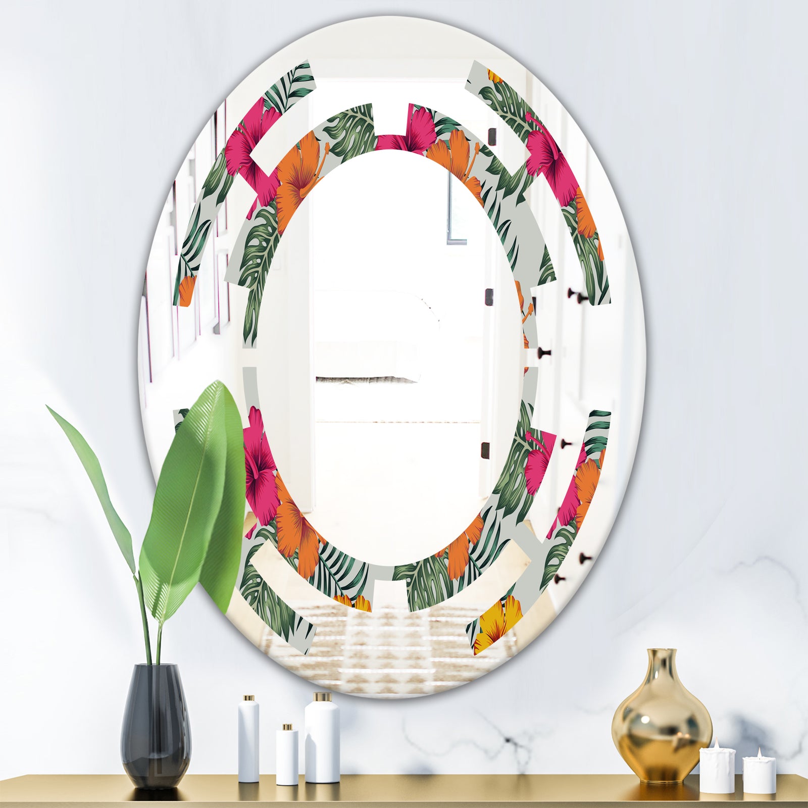 Retro tropical Leaves III - Cottage Round or Oval Wall Mirror - Space