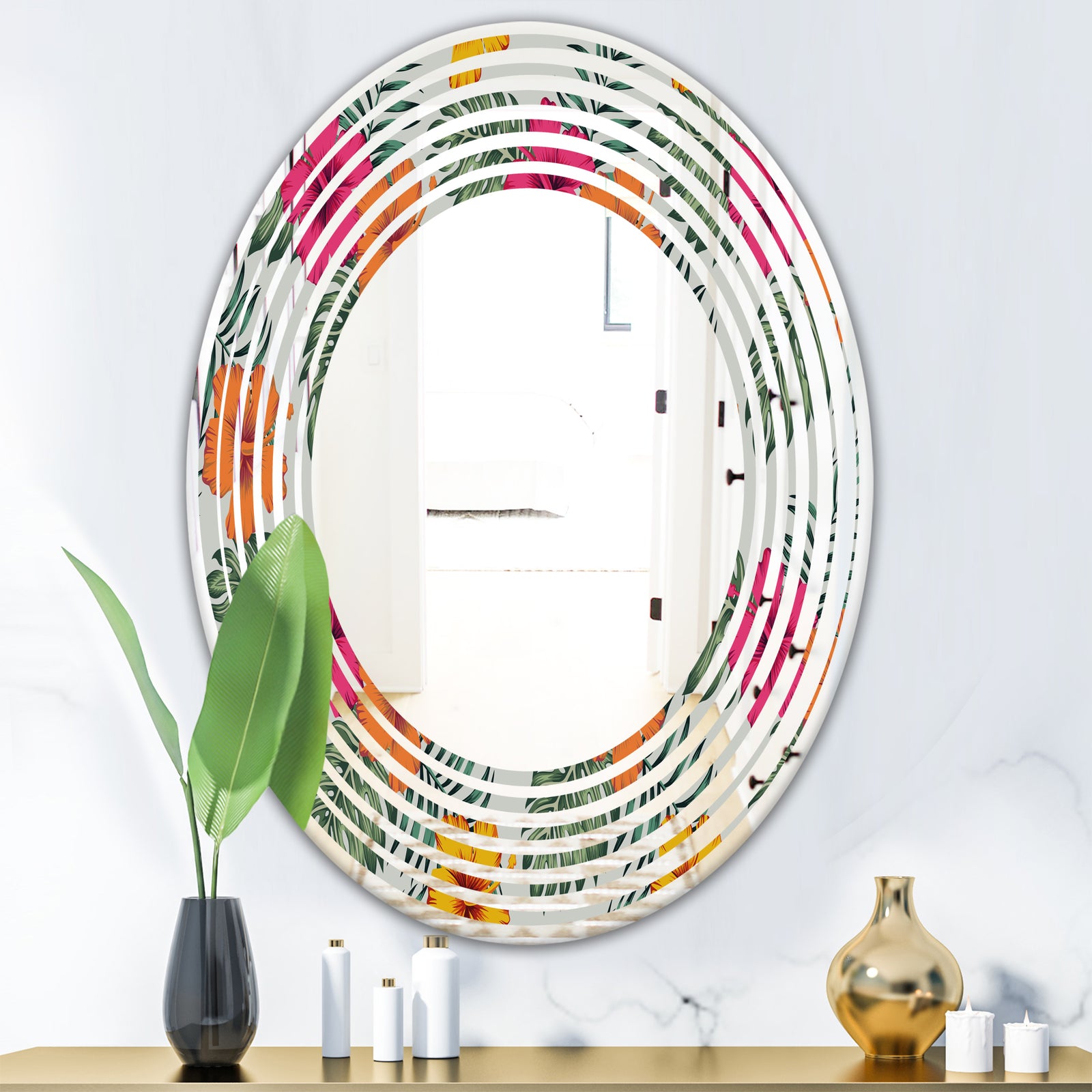 Retro tropical Leaves III - Cottage Round or Oval Wall Mirror - Wave