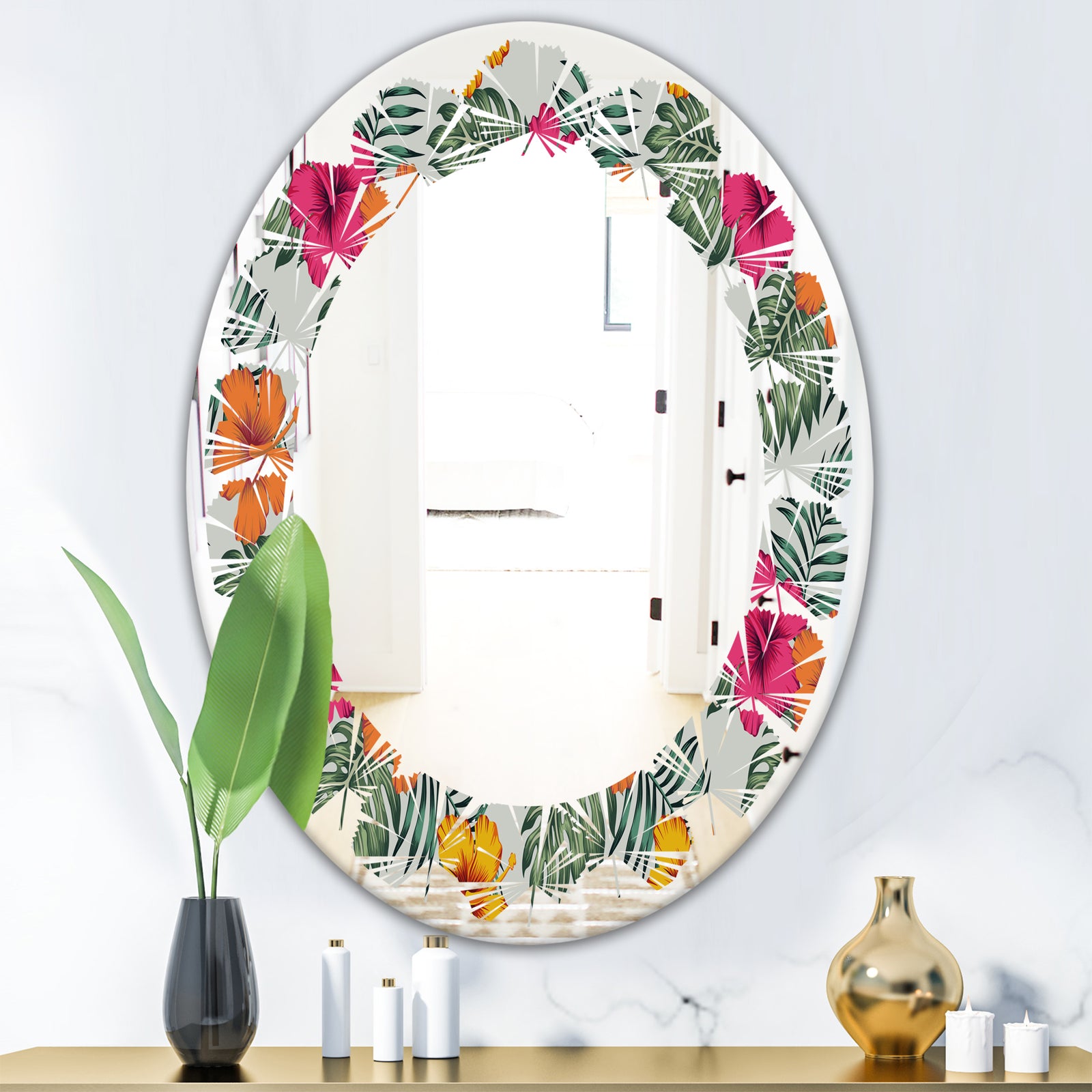Retro tropical Leaves III - Cottage Round or Oval Wall Mirror - Leaves
