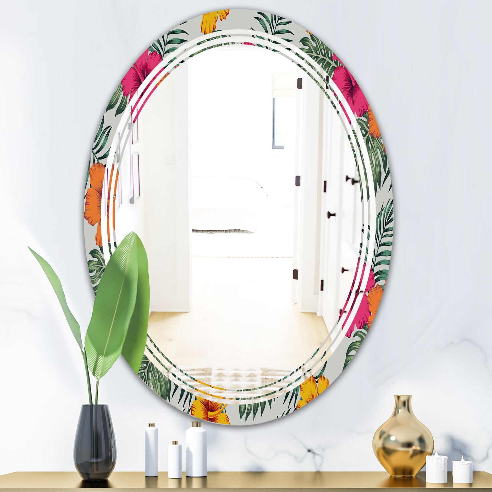 Retro tropical Leaves III - Cottage Round or Oval Wall Mirror - Triple C