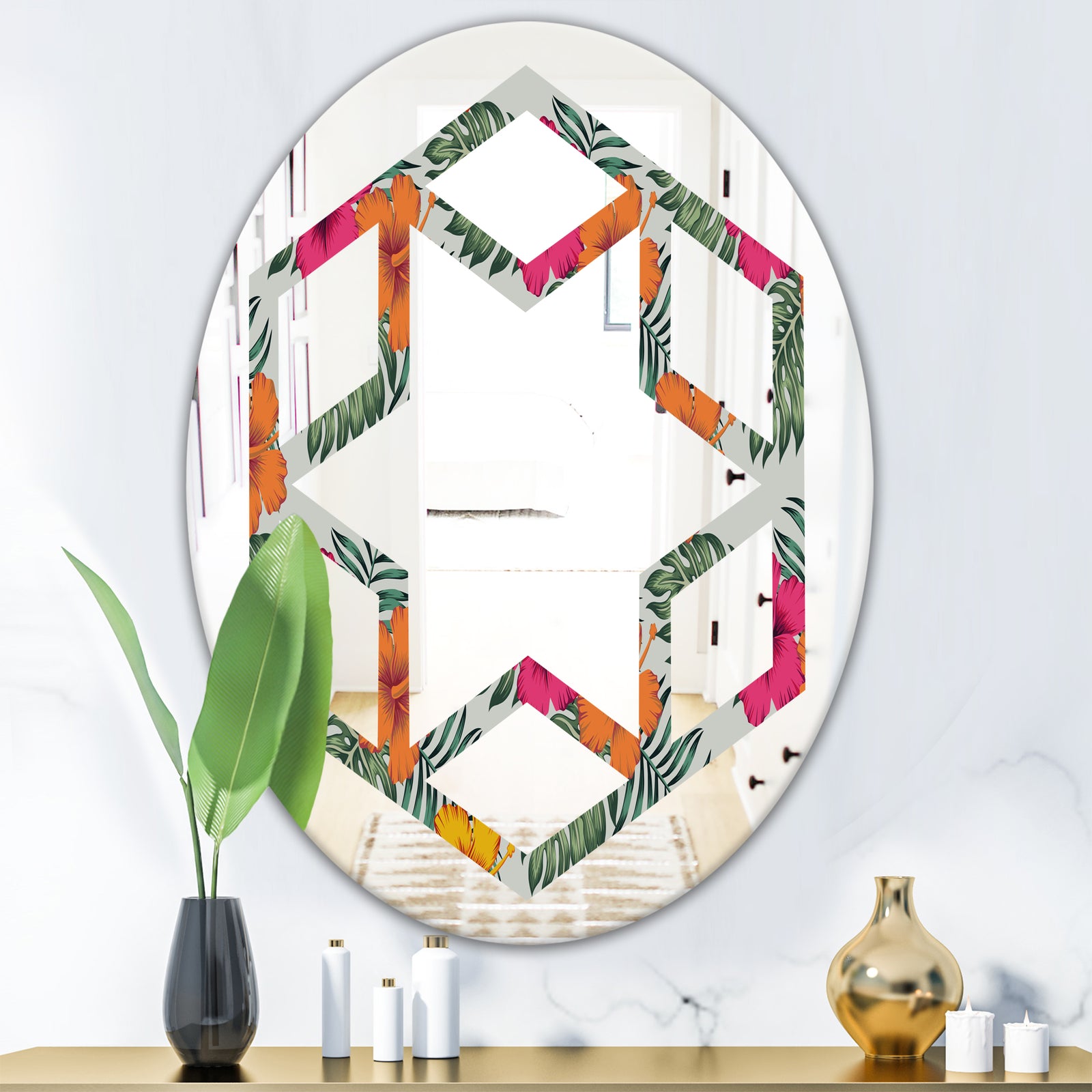 Retro tropical Leaves III - Cottage Round or Oval Wall Mirror - Hexagon Star