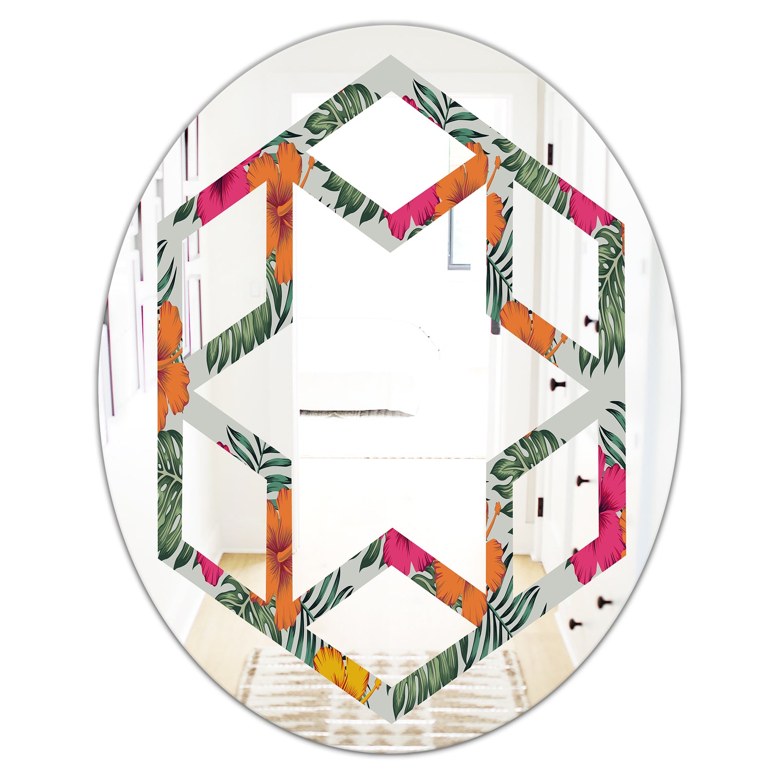 Retro tropical Leaves III - Cottage Round or Oval Wall Mirror - Hexagon Star