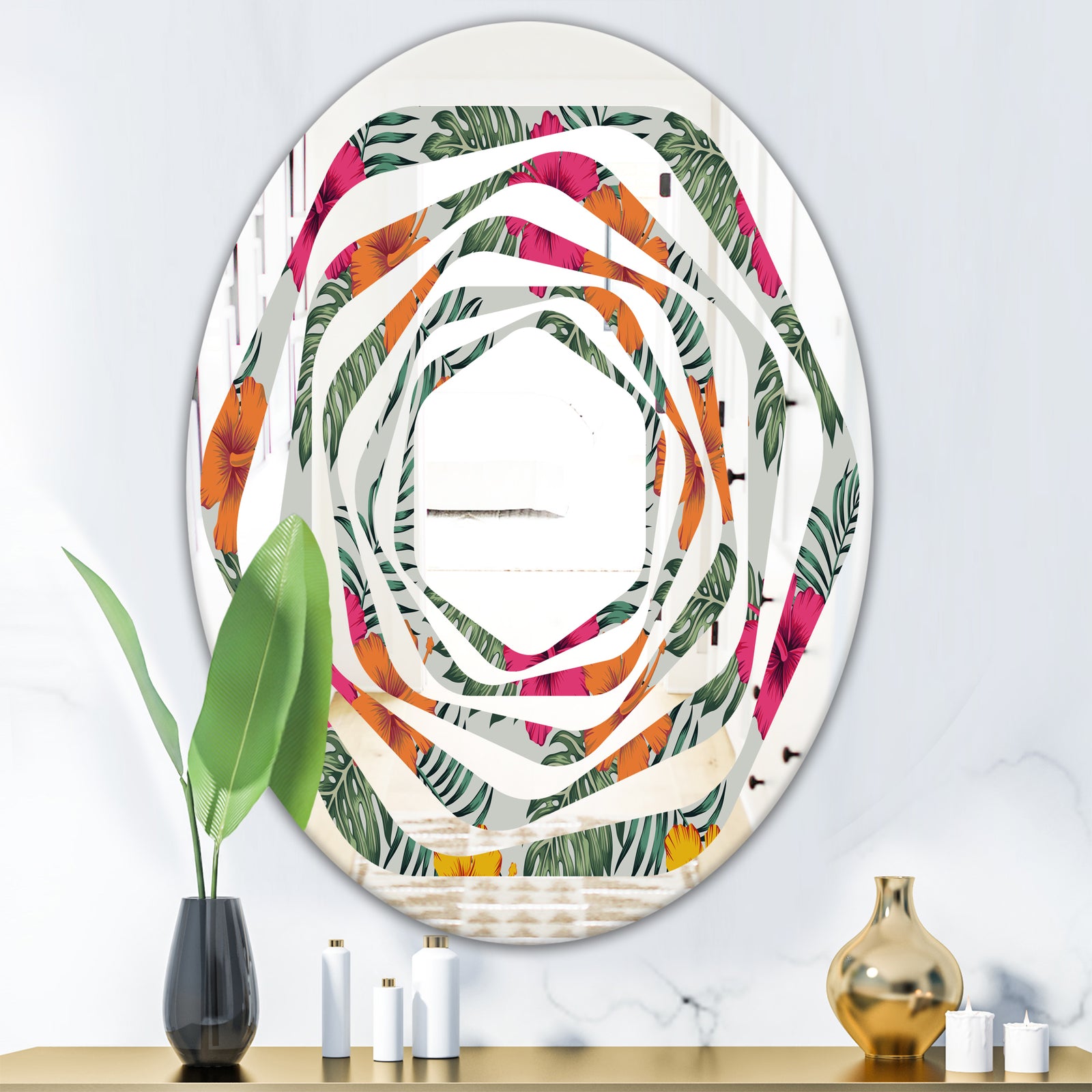 Retro tropical Leaves III - Cottage Round or Oval Wall Mirror - Whirl