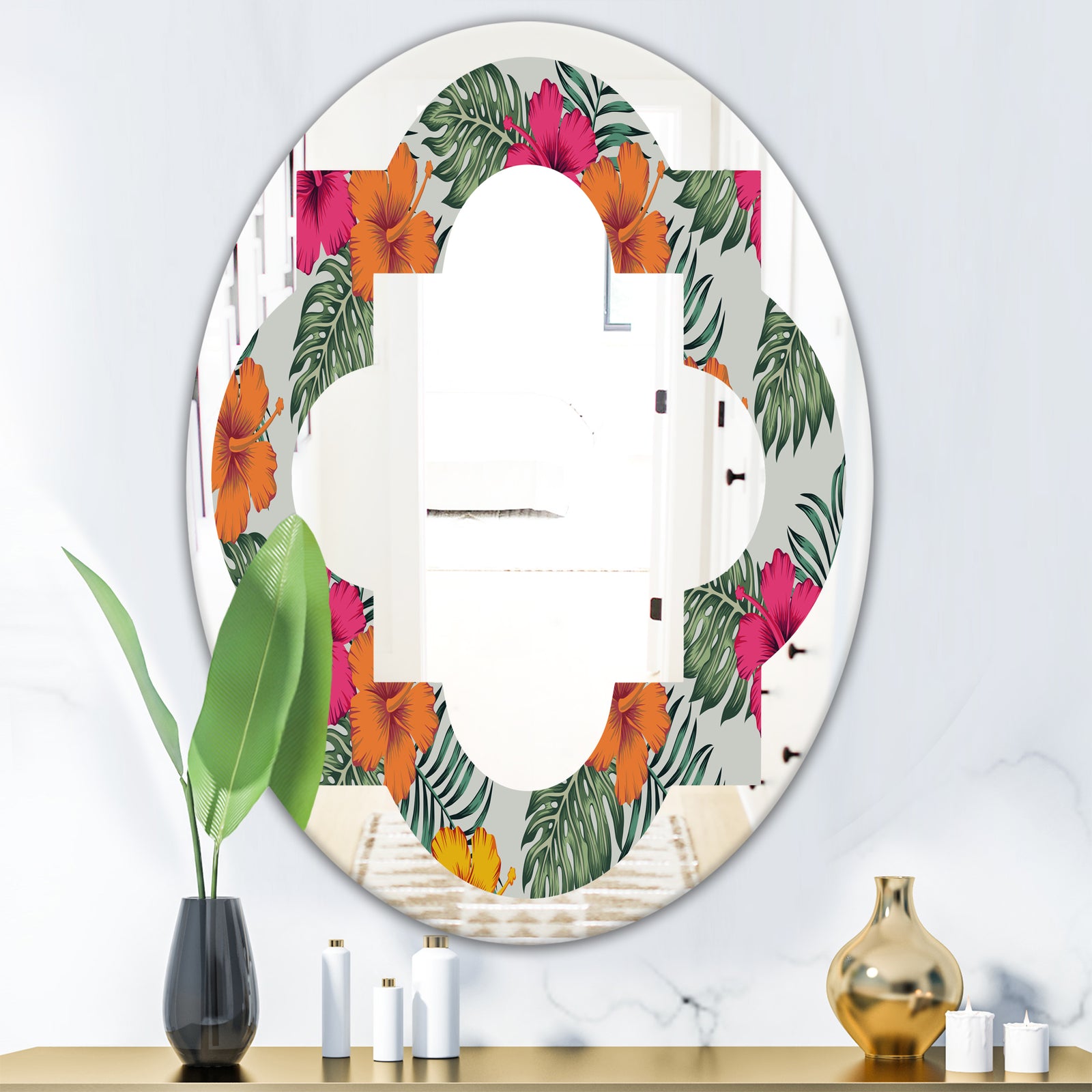 Retro tropical Leaves III - Cottage Round or Oval Wall Mirror - Quatrefoil