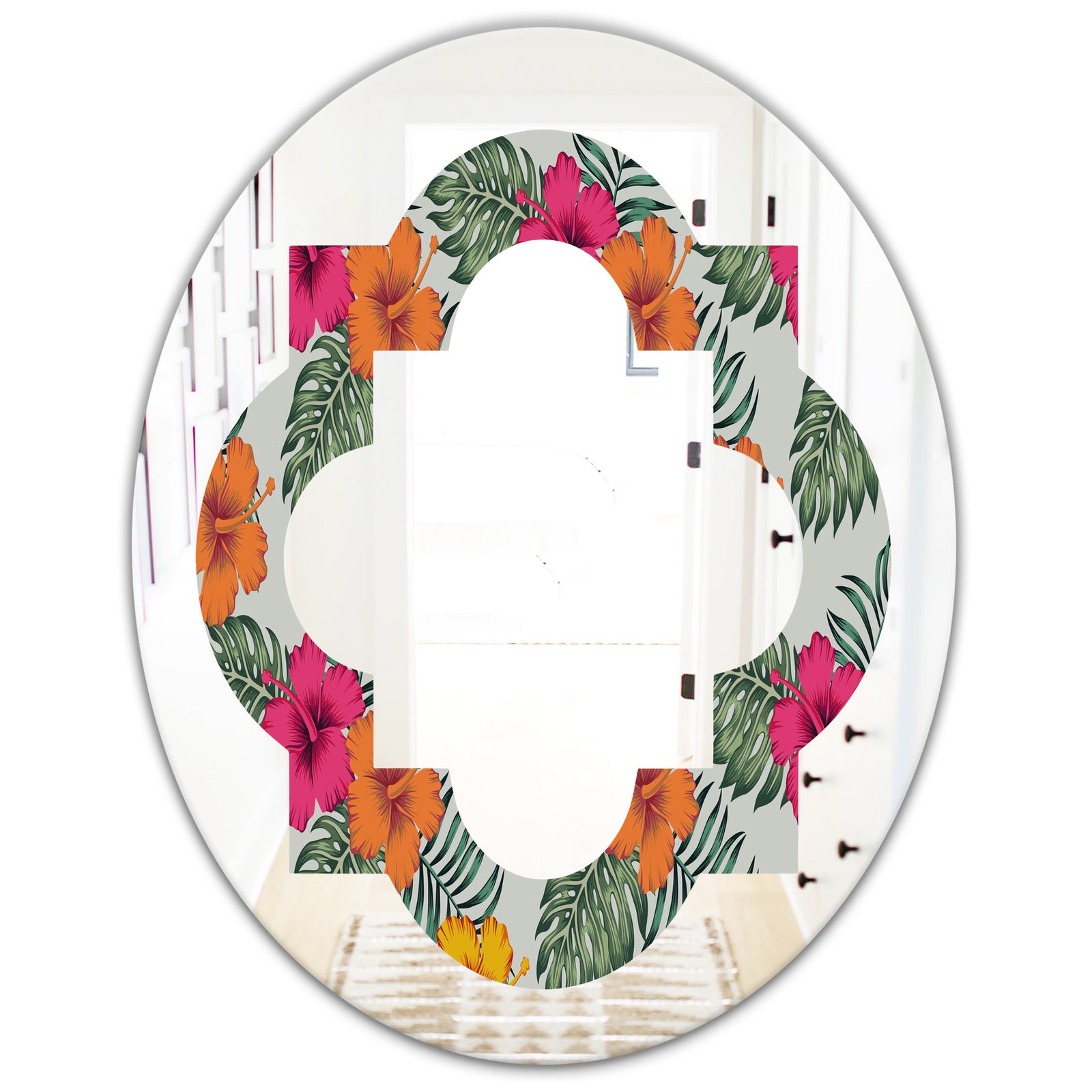 Retro tropical Leaves III - Cottage Round or Oval Wall Mirror - Quatrefoil