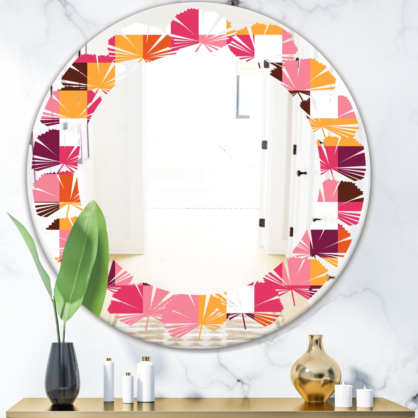 Retro Geometric Design VII - Modern Round or Oval Wall Mirror - Leaves