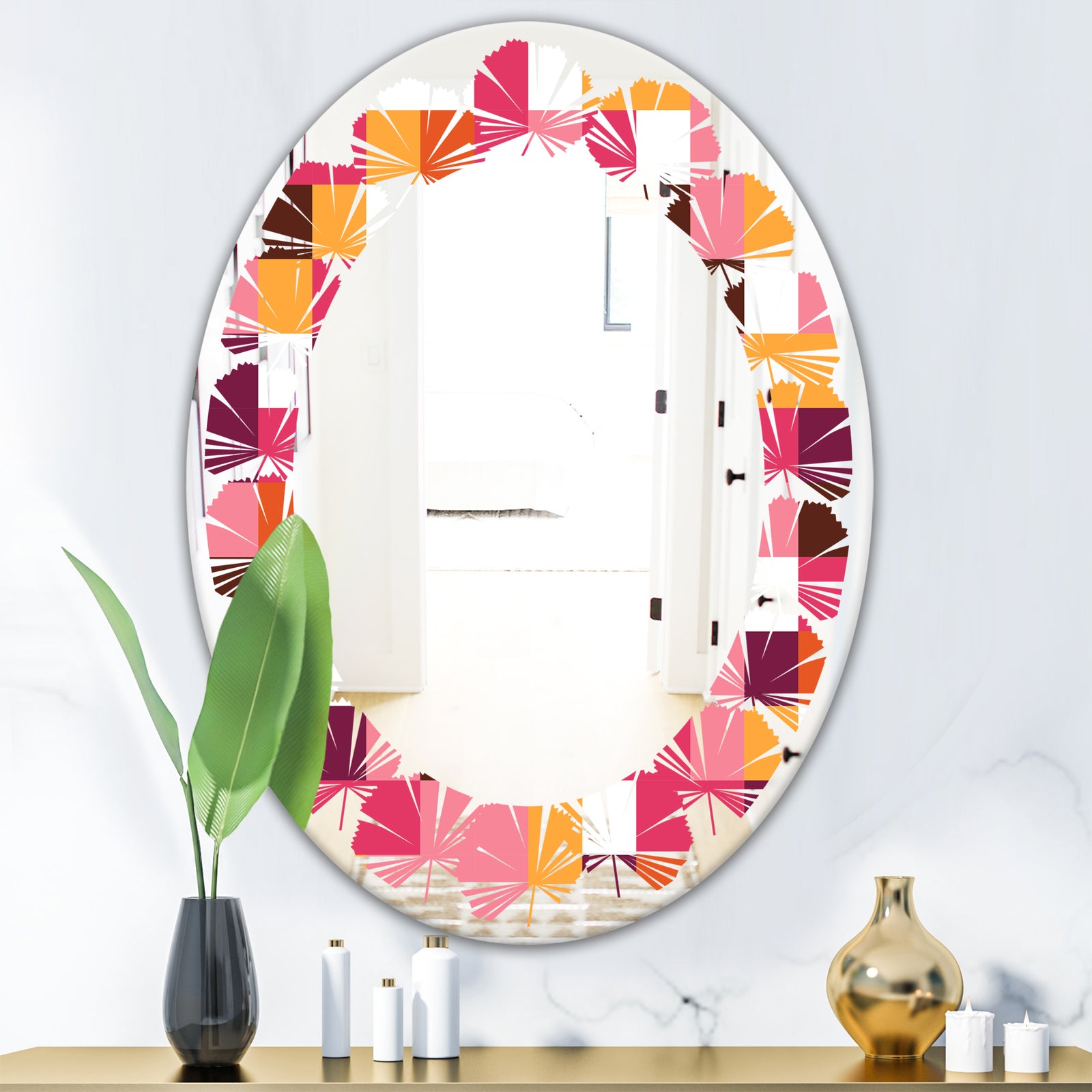 Retro Geometric Design VII - Modern Round or Oval Wall Mirror - Leaves
