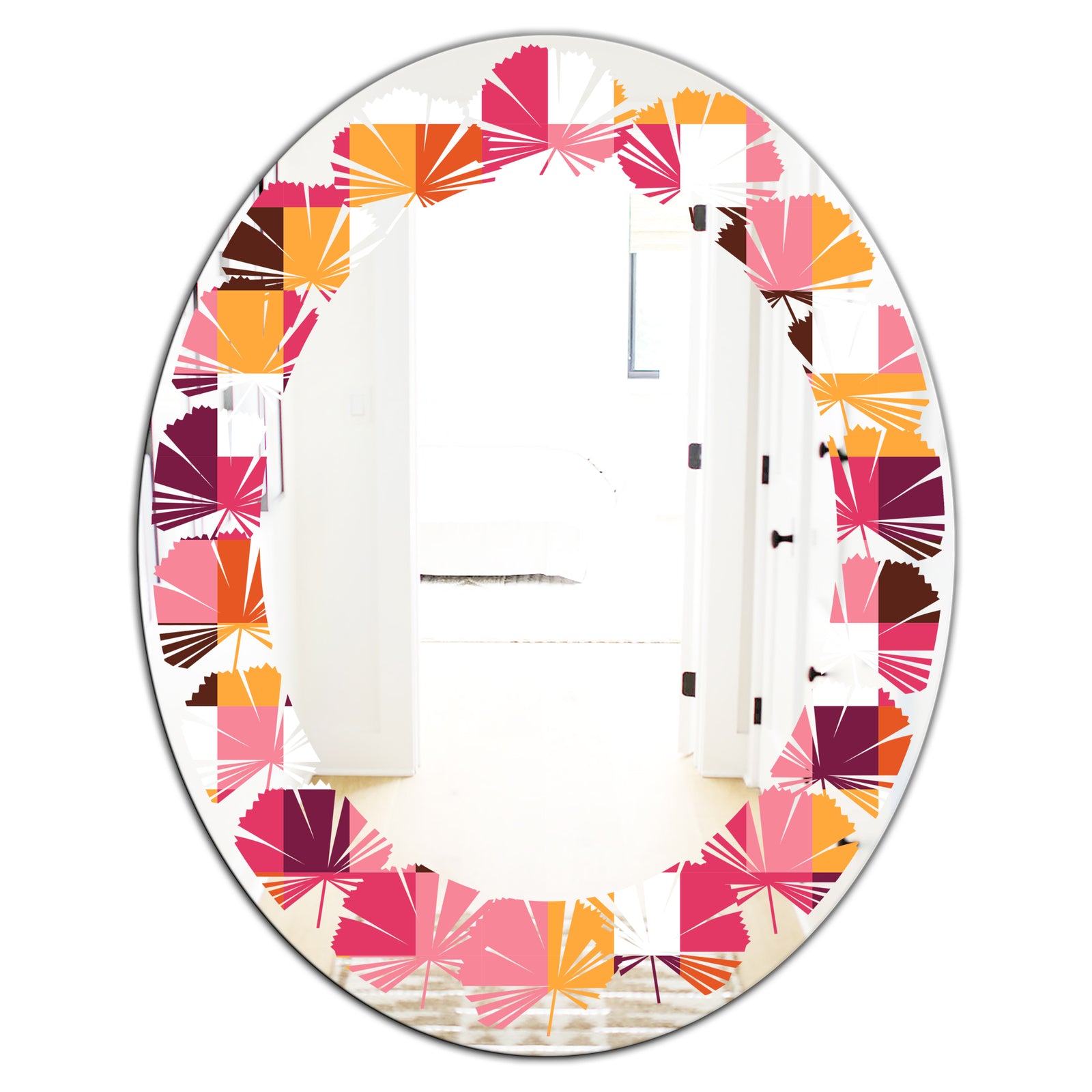 Retro Geometric Design VII - Modern Round or Oval Wall Mirror - Leaves