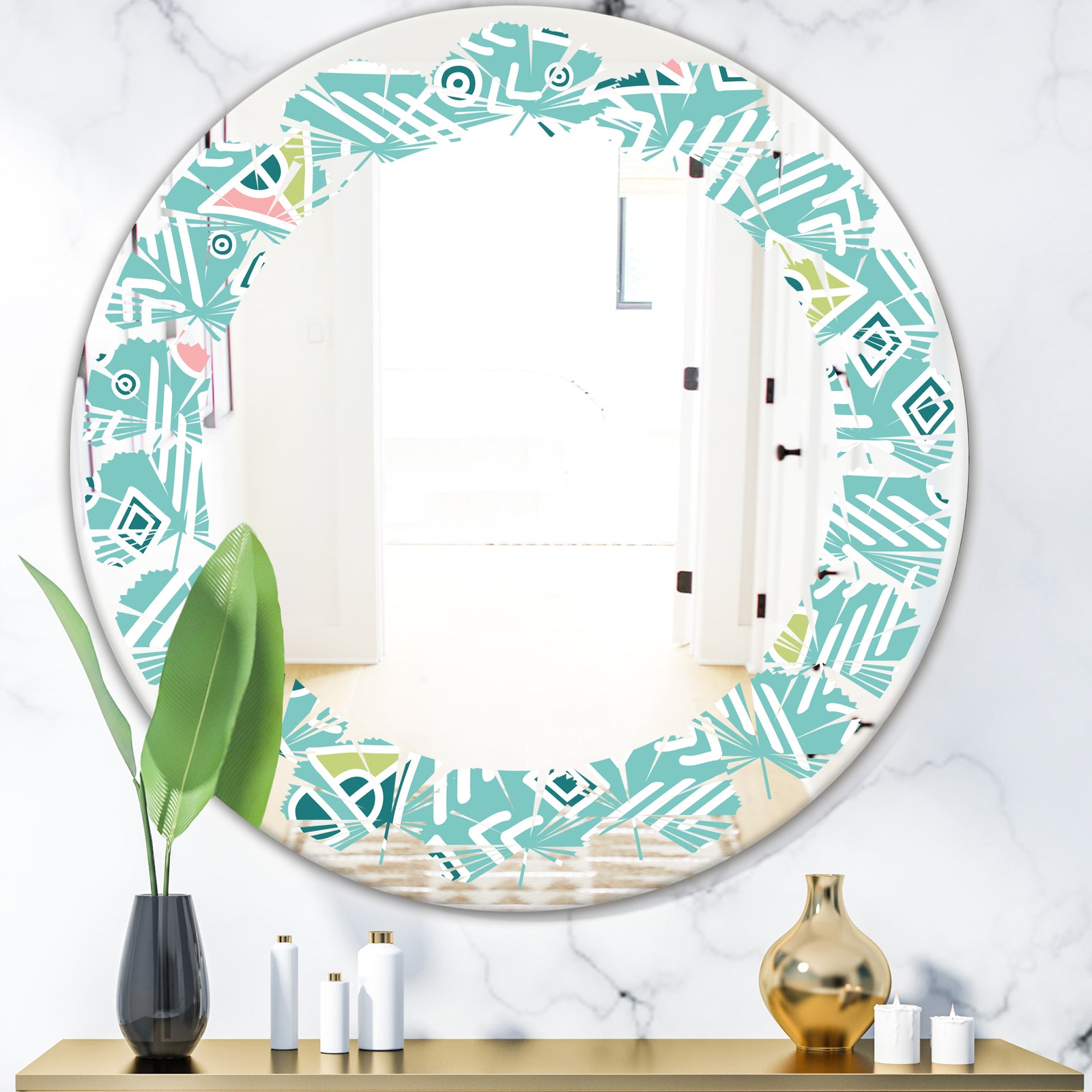 Pastel Tribal Retro Pattern - Modern Round or Oval Wall Mirror - Leaves