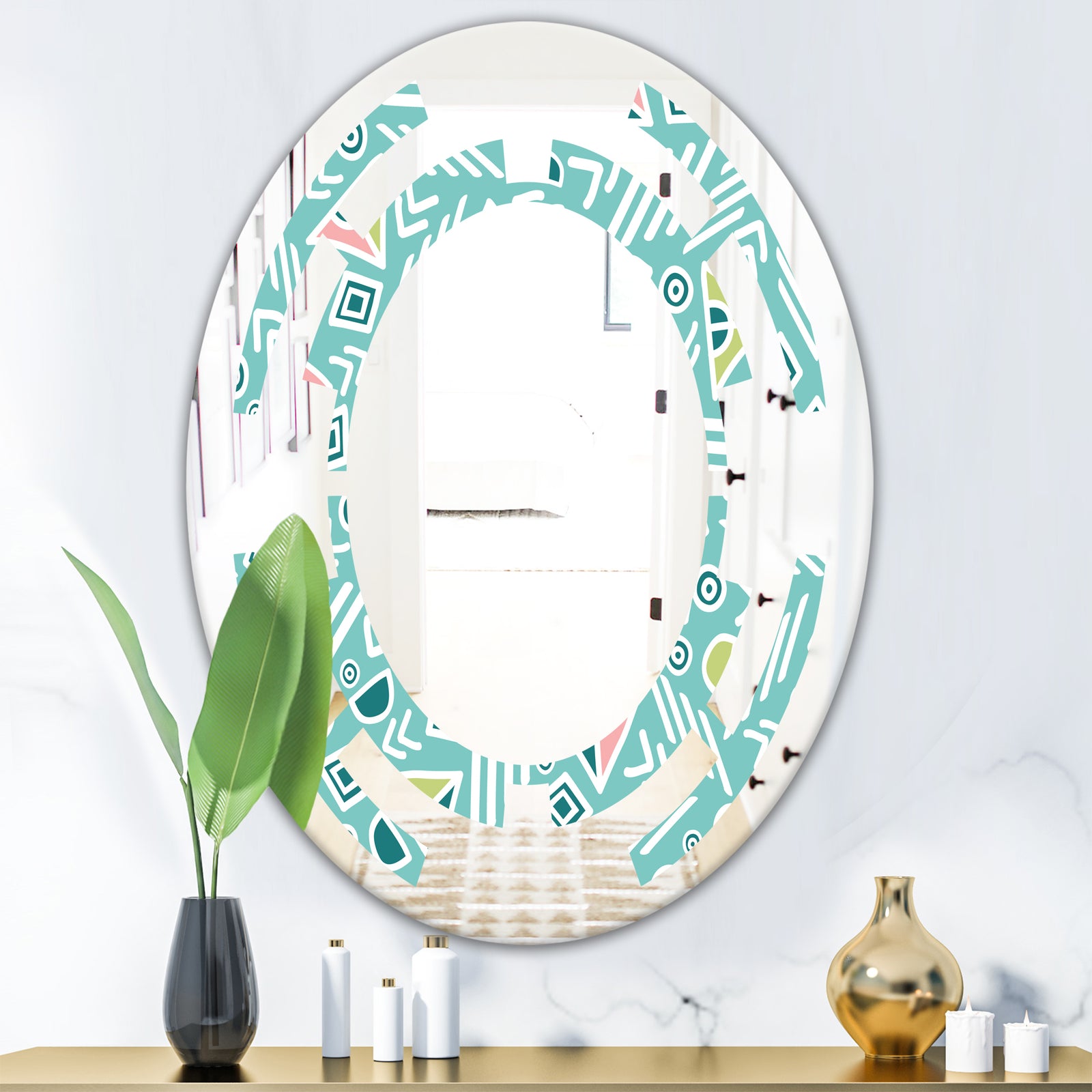 Pastel Tribal Retro Pattern - Modern Round or Oval Wall Mirror - Space
