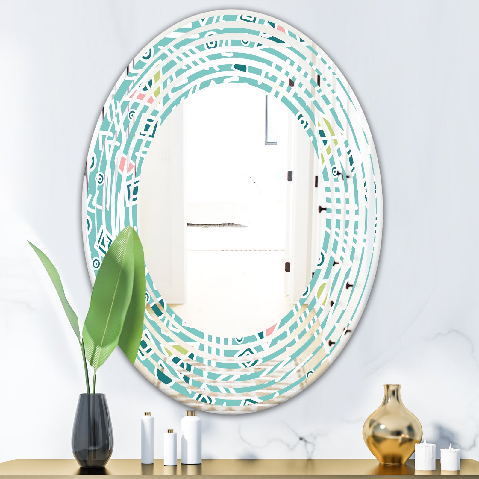 Pastel Tribal Retro Pattern - Modern Round or Oval Wall Mirror - Wave