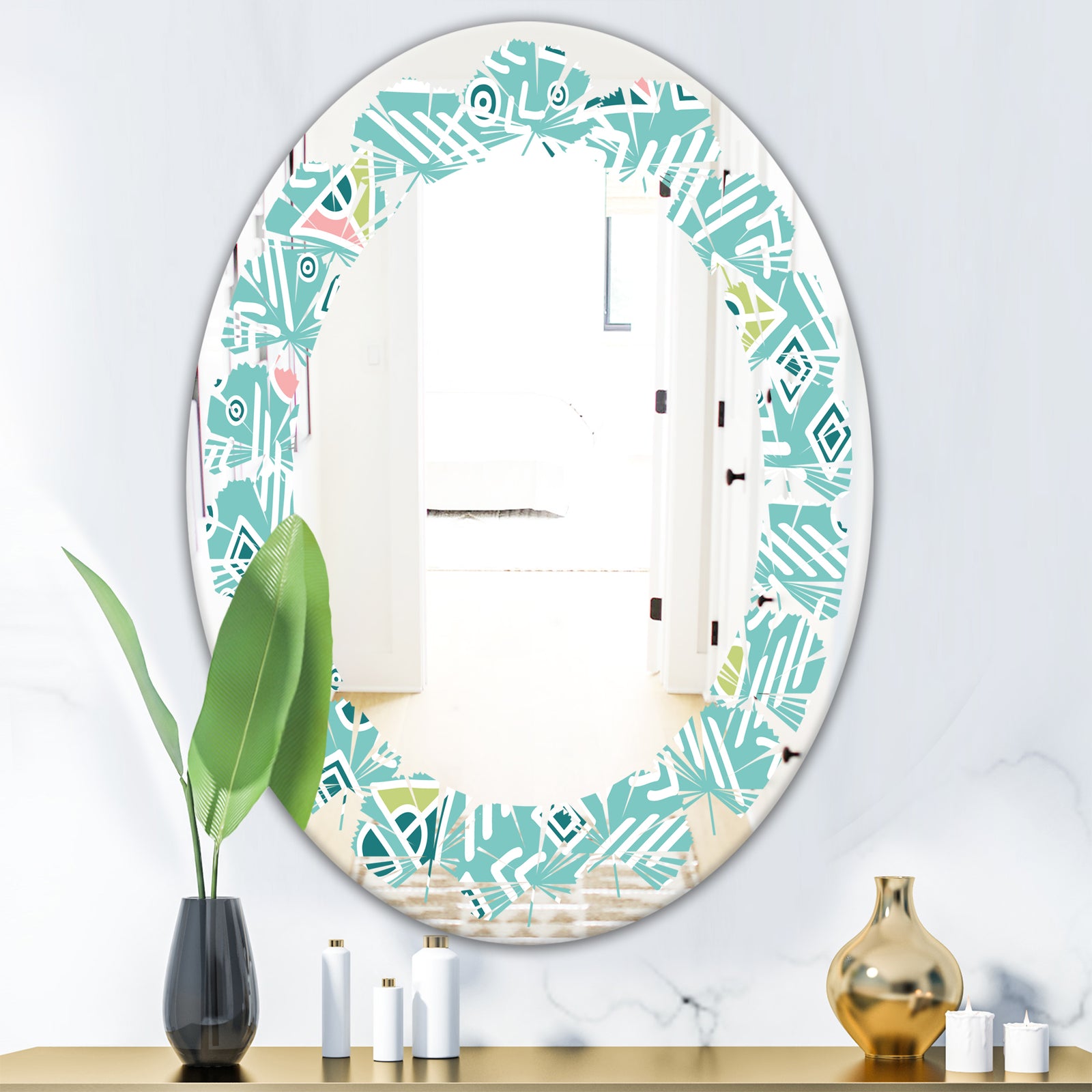 Pastel Tribal Retro Pattern - Modern Round or Oval Wall Mirror - Leaves
