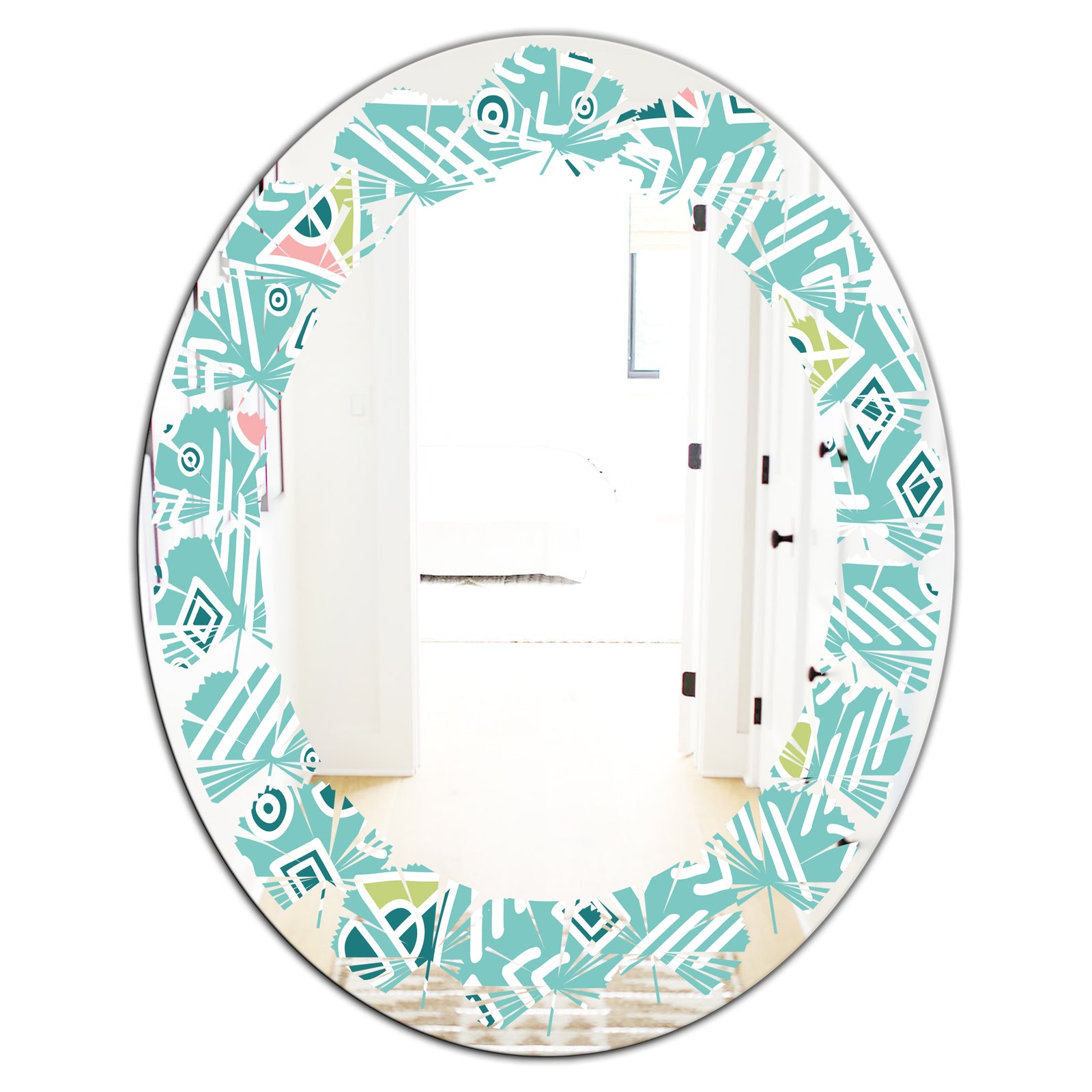 Pastel Tribal Retro Pattern - Modern Round or Oval Wall Mirror - Leaves