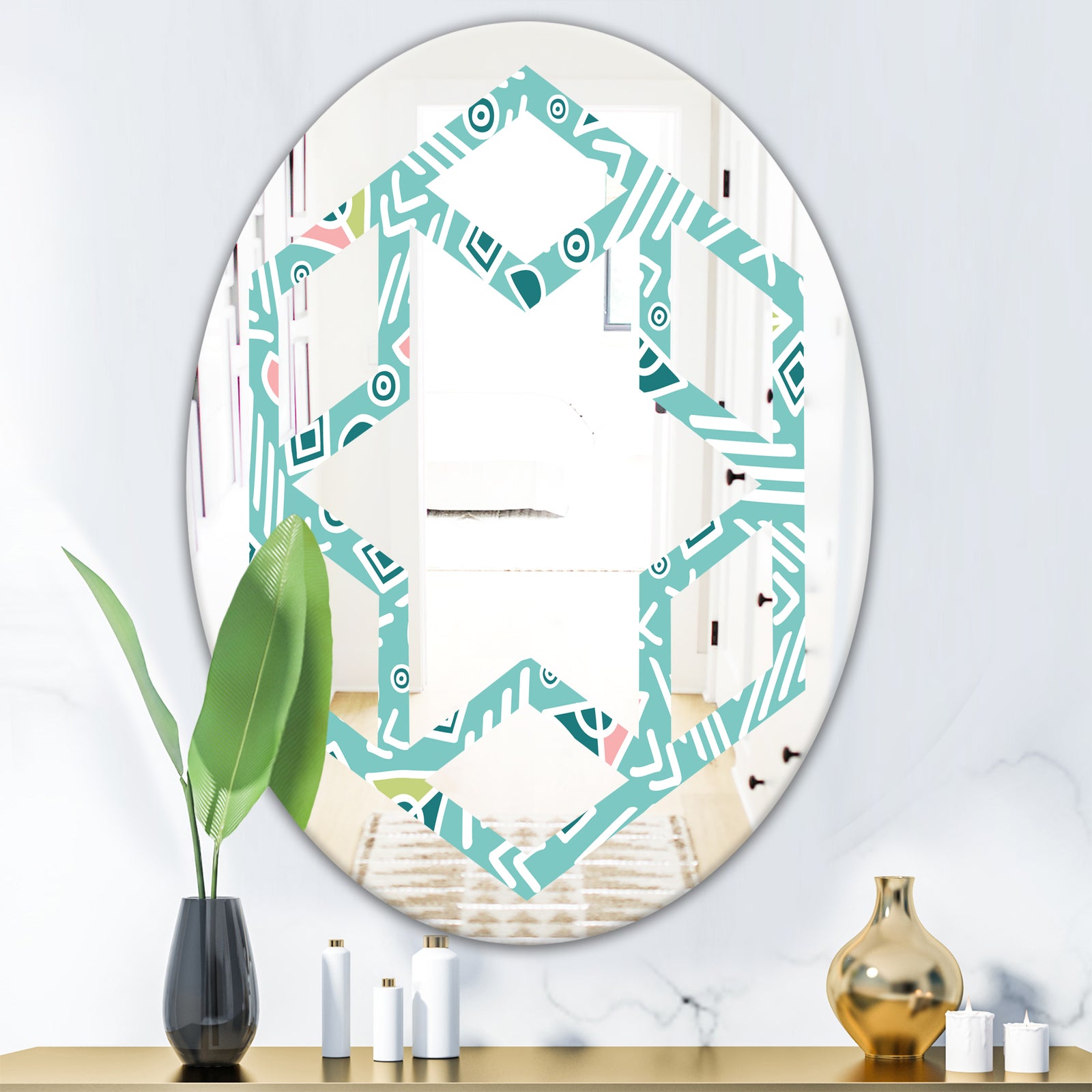 Pastel Tribal Retro Pattern - Modern Round or Oval Wall Mirror - Hexagon Star