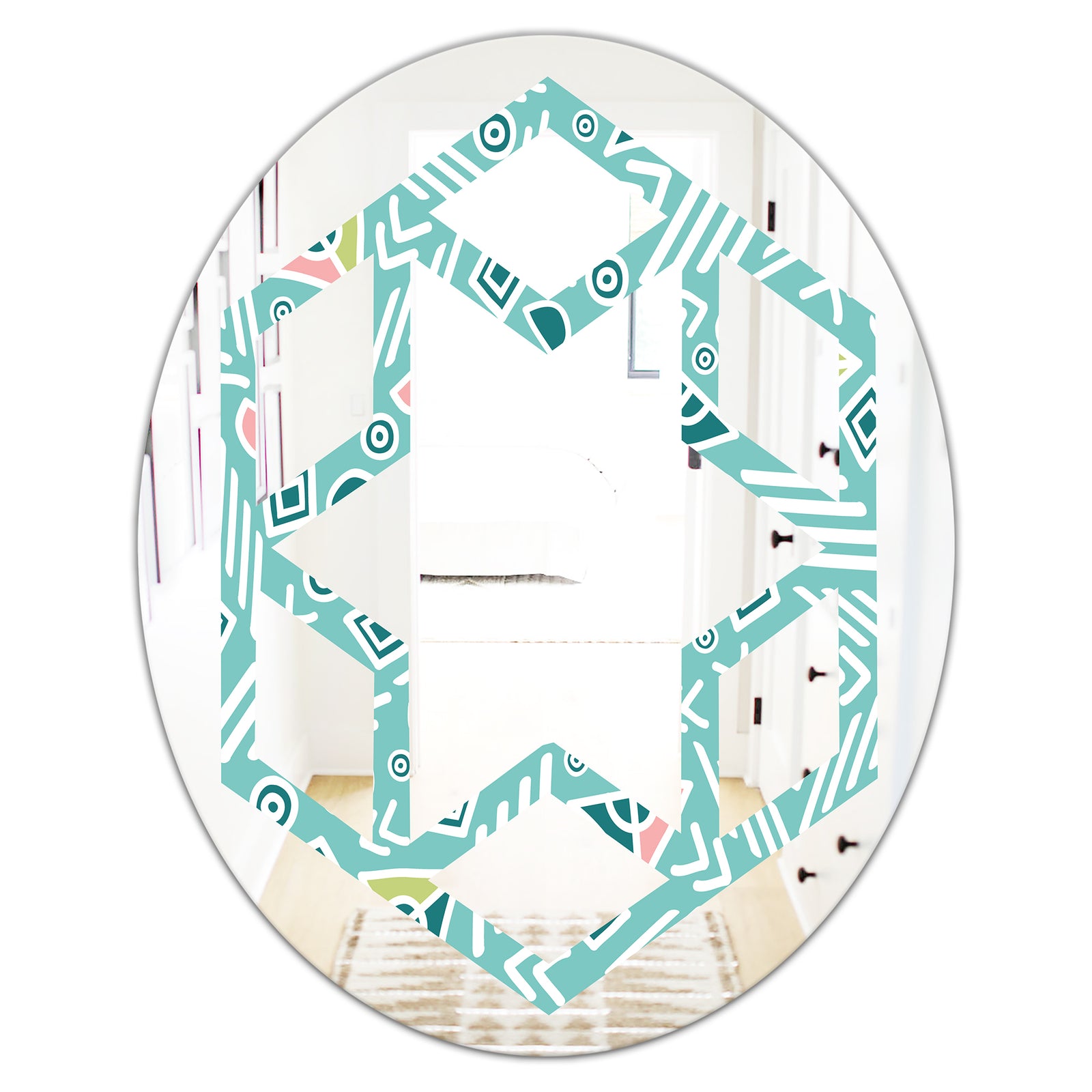 Pastel Tribal Retro Pattern - Modern Round or Oval Wall Mirror - Hexagon Star