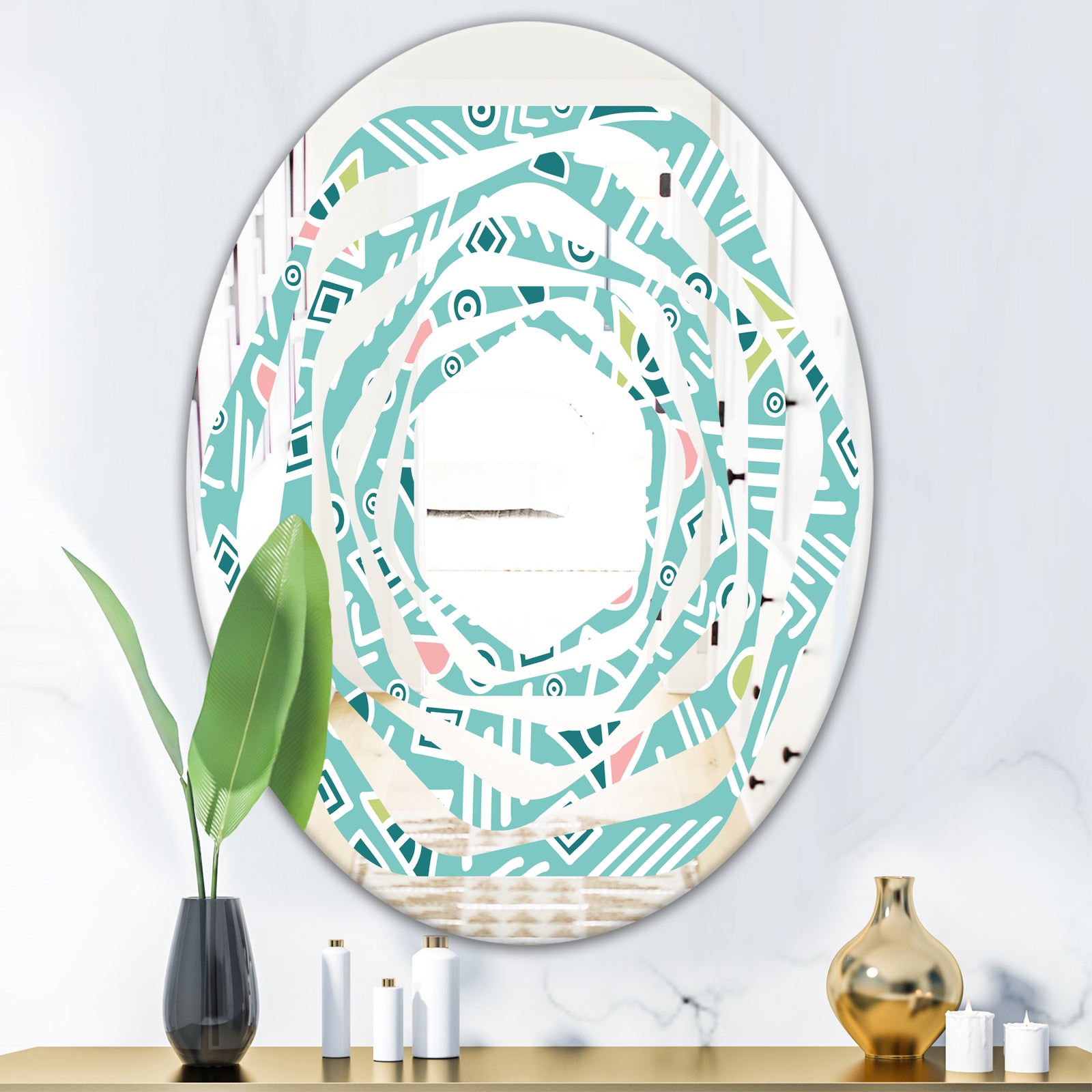 Pastel Tribal Retro Pattern - Modern Round or Oval Wall Mirror - Whirl