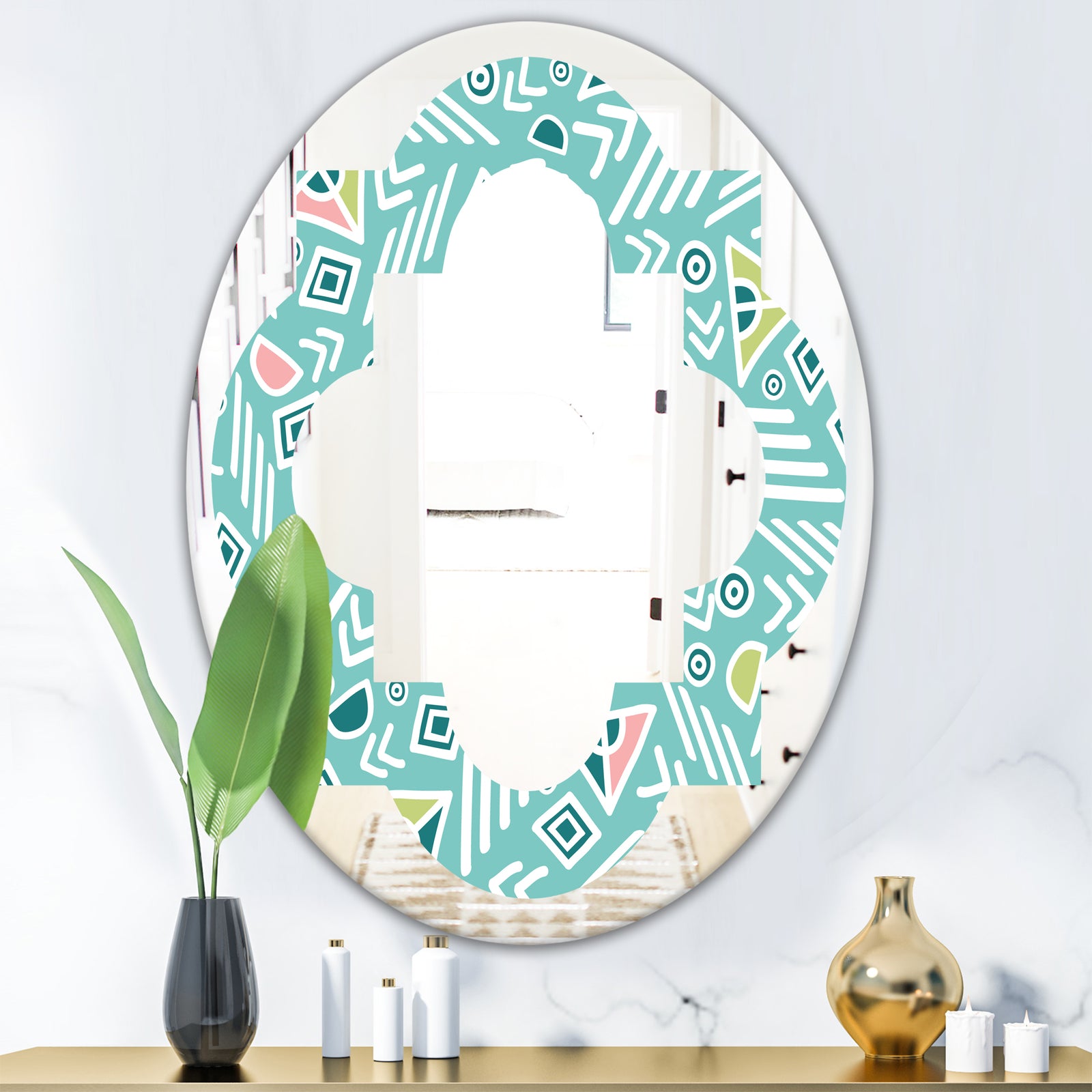 Pastel Tribal Retro Pattern - Modern Round or Oval Wall Mirror - Quatrefoil