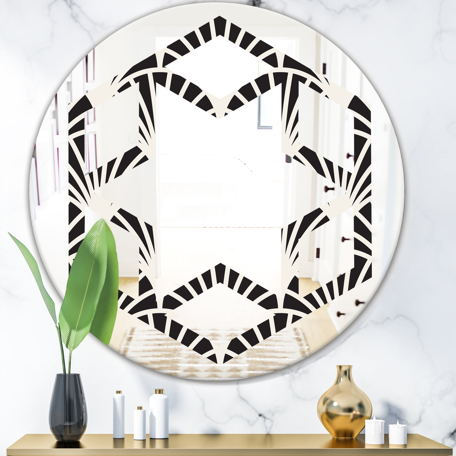 Retro Art Deco Waves I - Modern Round or Oval Wall Mirror - Hexagon Star